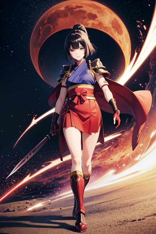 Anime Art、Full body portrait、Space SF Samurai、A woman, about 155cm tall, around 28 years old, wearing red armor and hakama, walking with a spear in her hand、Smiling with mouth closed、Wide bob black hair、Flat chest、Arm guard、Leggers、gloves、boots