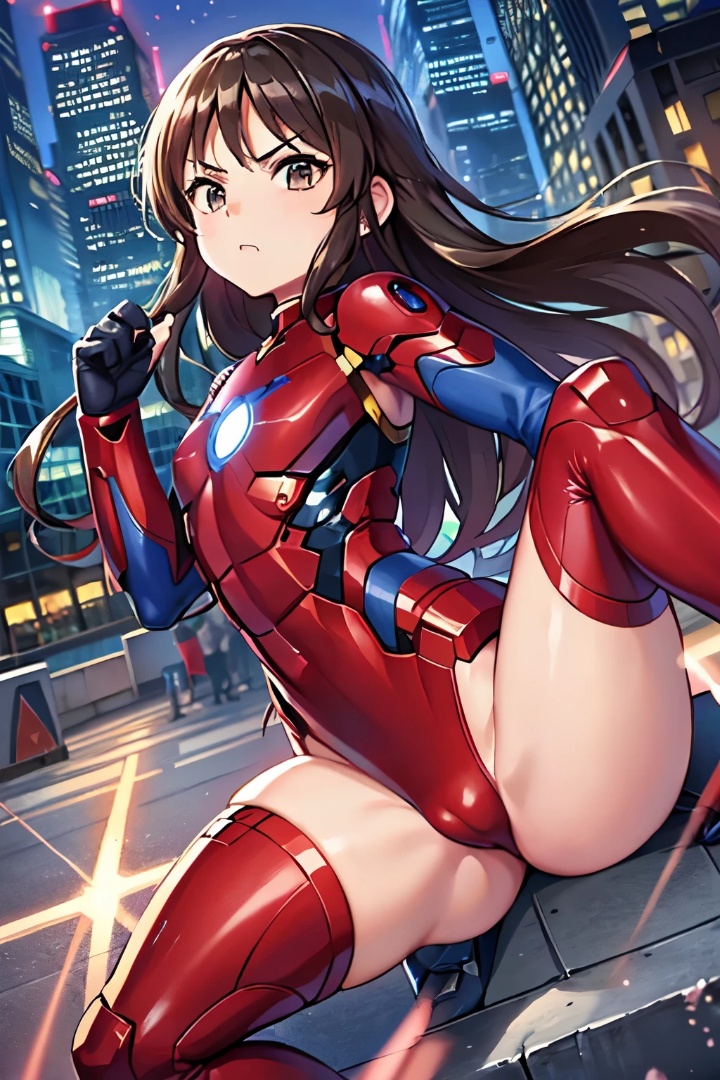 Primary school students、child、Long Hair、((Small breasts、Small breasts、child体型、Angry、injured body、Blue ribbon))、((damaged iron man suit、Crotch crack))、City of night、Rooftop、Boxing stance、8 year old 、Realistic body、battlefield、Fight the enemy、A body covered in scars、Struggled、Sweating profusely