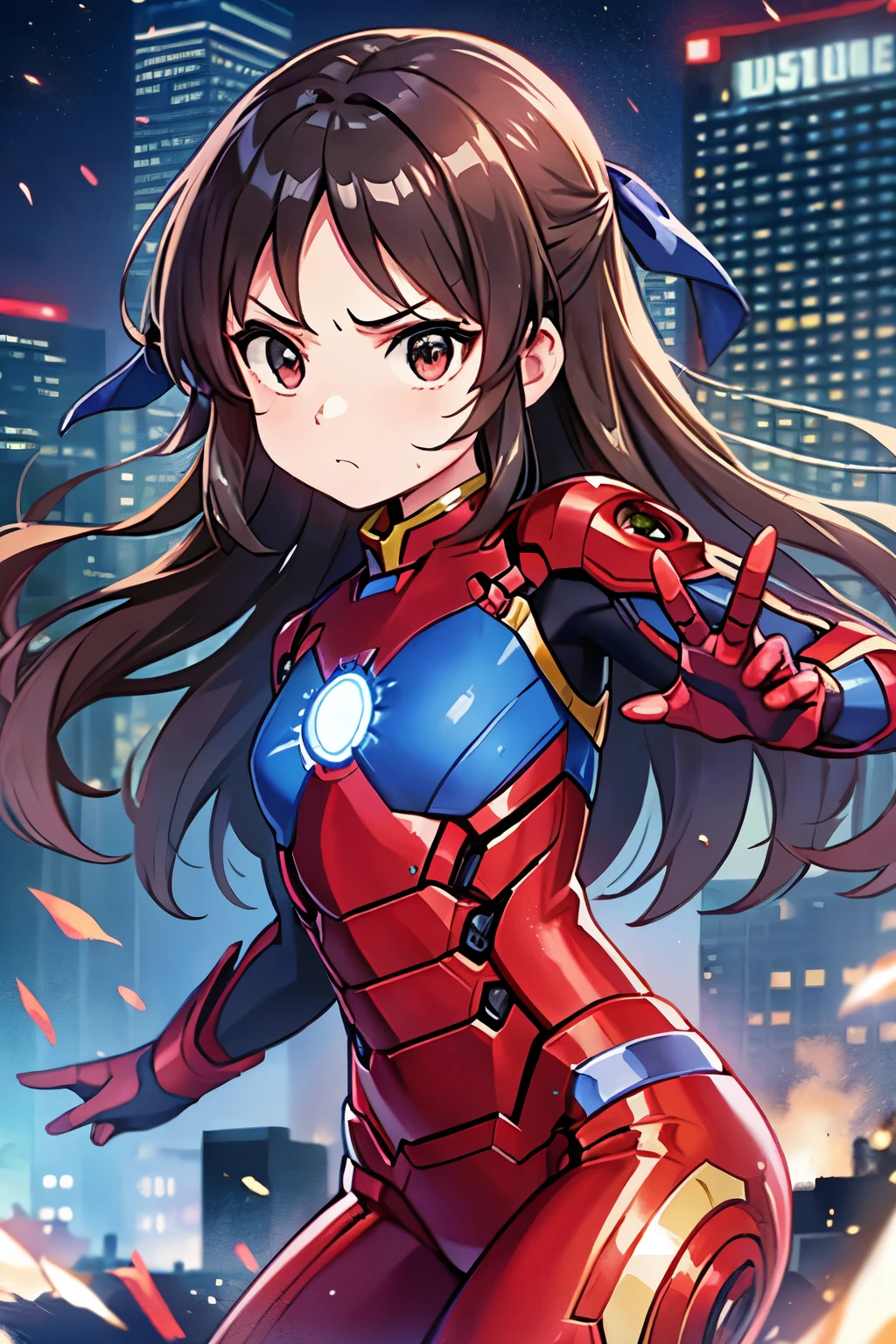 Primary school students、child、Long Hair、((Small breasts、Small breasts、child体型、Angry、injured body、Blue ribbon))、((damaged iron man suit、Crotch crack))、City of night、Rooftop、Boxing stance、8 year old 、Realistic body、battlefield、Fight the enemy、A body covered in scars、Struggled、Sweating profusely