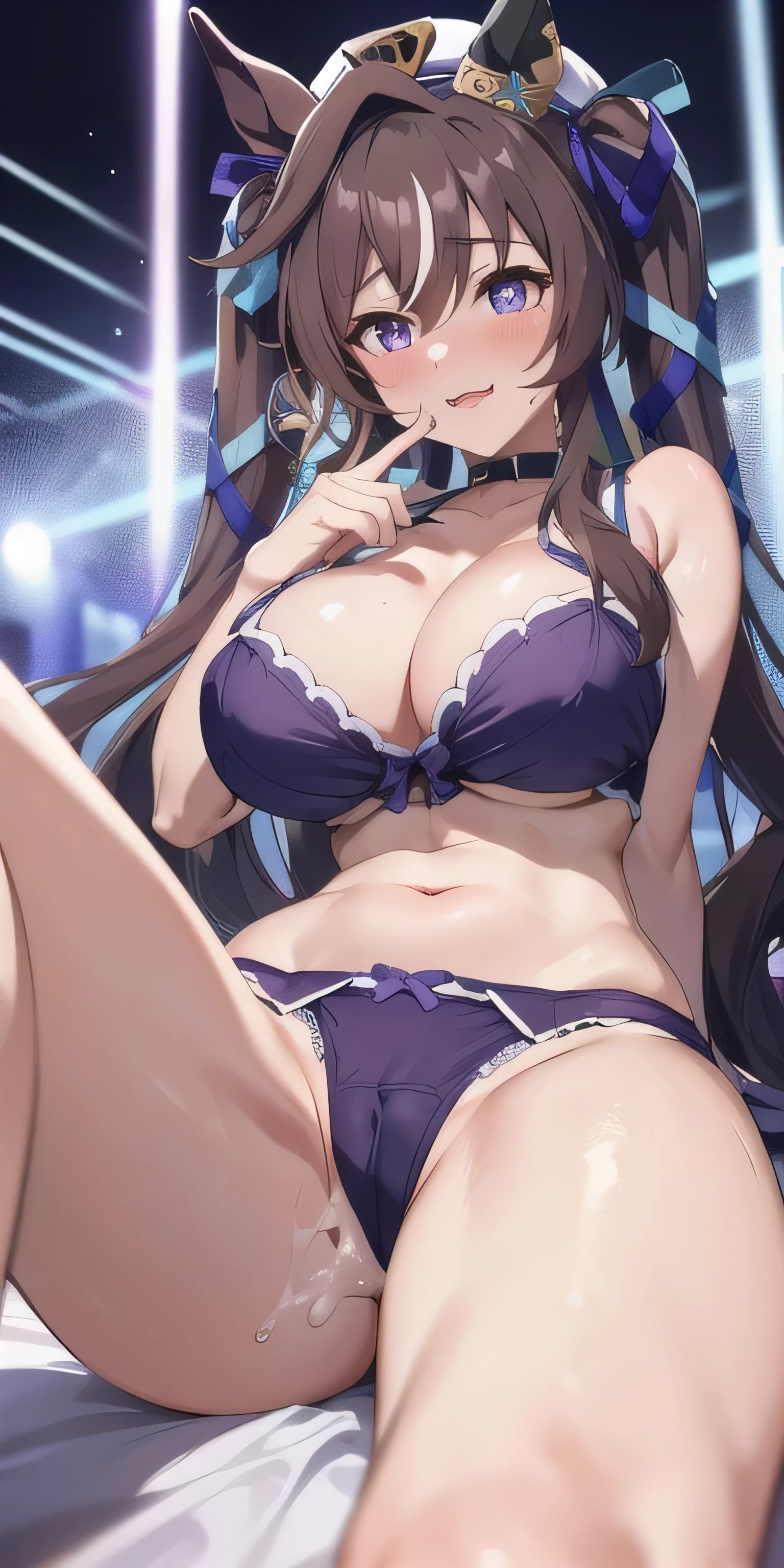 masterpiece, highest quality, close, Face shot, \(Umamusume\),((Purple underwear)、sit、Leg spread、semen、Mansuji、On the bed、Low - Angle、(((Big Breasts)))、Nightclub、Embarrassed、1st from the bottom.3