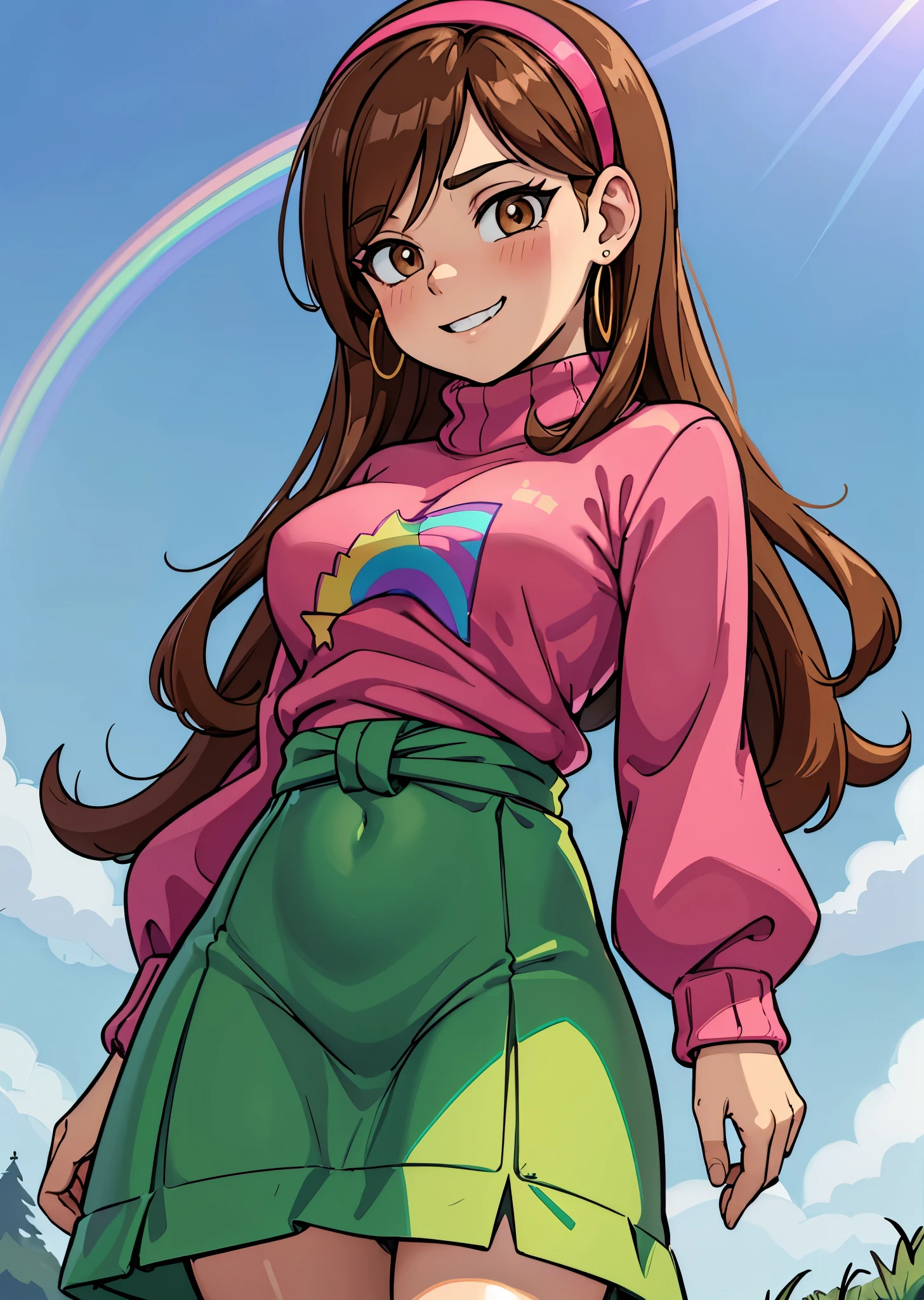 [Mabel], [Gravity Falls], ((masterpiece)), ((HD)), ((high res)), ((solo portrait)), ((waist-up)), ((front view)), ((detailed shading)), ((soft textures)), ((intricate details)), ((anime girl)), ((cinematic)), {attractive; (long brown hair), (cute dark-brown eyes), (large breast), (curvy hips), (beautiful legs), (cute grin)}, {(hot-pink knitted sweater with a rainbow printed on it), (green skirt), (hot-pink hairband), (diamond earrings)}, {(standing), (looking at viewer)}, [background; (grass plains), (sun rays), (blue sky), (clouds in sky), (ambient lighting)]