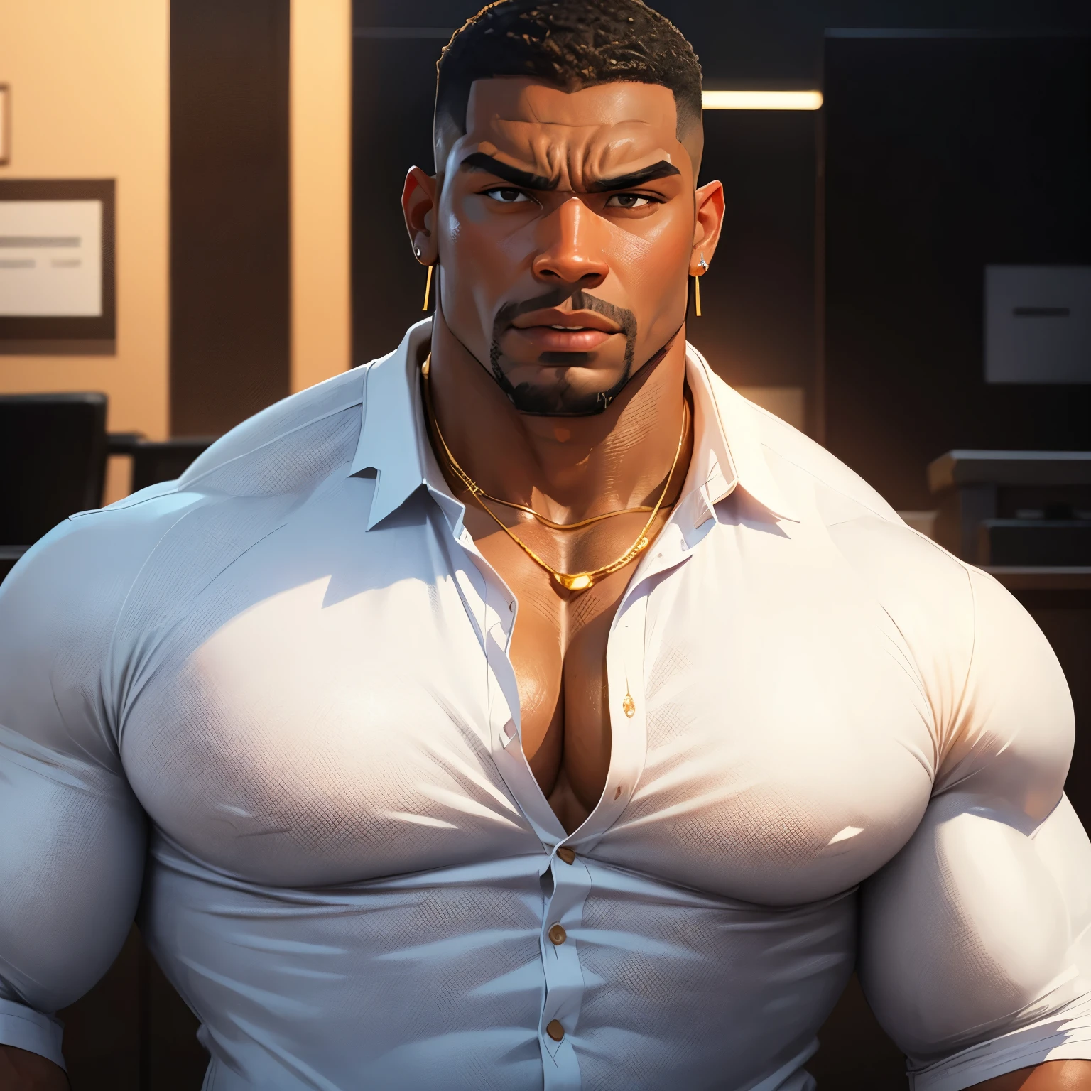an exaggeratedly muscular and large bodyguard, beefy build, beard, dark-skinned african american male, buzzcut hair with square line, worried expression, (wearing white collared business shirt: 1.2), barely buttoned, (bara pecs: 1.3), (arm and chest hair: 1.1), close-up portrait HD, (modern fluorescent lecture hall)