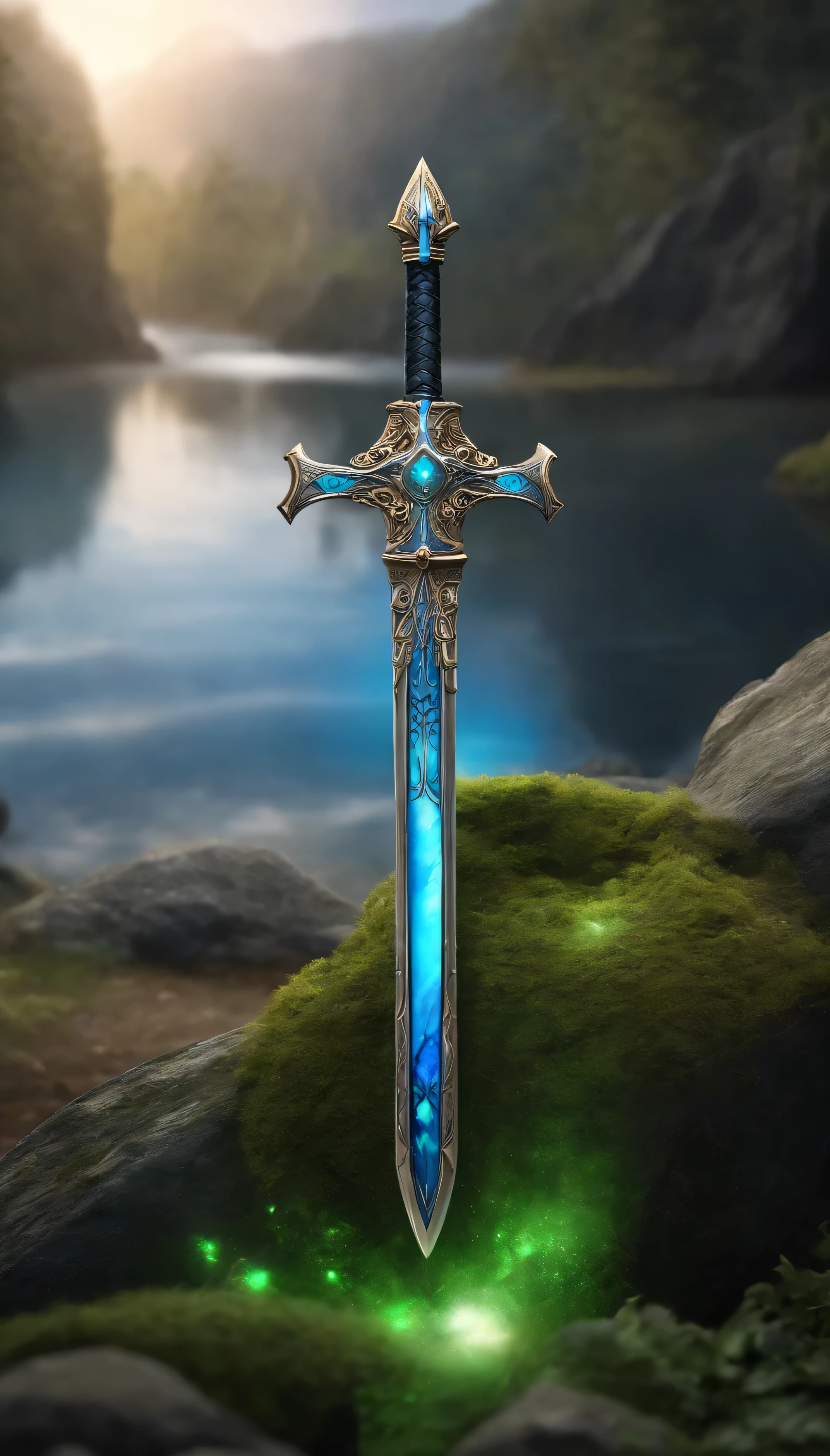 Excalibur, Manga delicada, The body of the sword is exquisite，bem decorado,（((The body of the sword is designed with a blue opal and a pattern in the form of light green particle effect..：1.3))), se, (The body of the sword is symmetrically decorated:1.3), (The entire Excalibur blade is centered:1.3), Mid-range close-up,（Silhueta geral:1.3),（Fantastic landscape painting:1.2), foto ultra realista, super-fino, 8k, Premium wallpapers, A mais alta qualidade de imagem, ..。.。...3d,c4d, tmasterpiece, rendering by octane, spear made of runecraft and bark of Yggdrasil, Spear Odin, holding a spear,