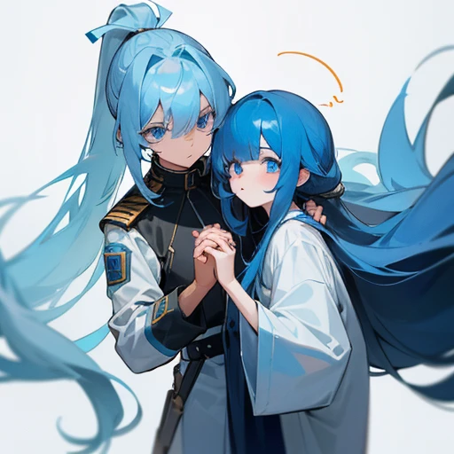 A blue-eyed angel boy with long blue hair in a ponytail with bangs that expose one eye and one eye that is hidden by a bang, and a blue-eyed and long-haired angel girl are holding hands