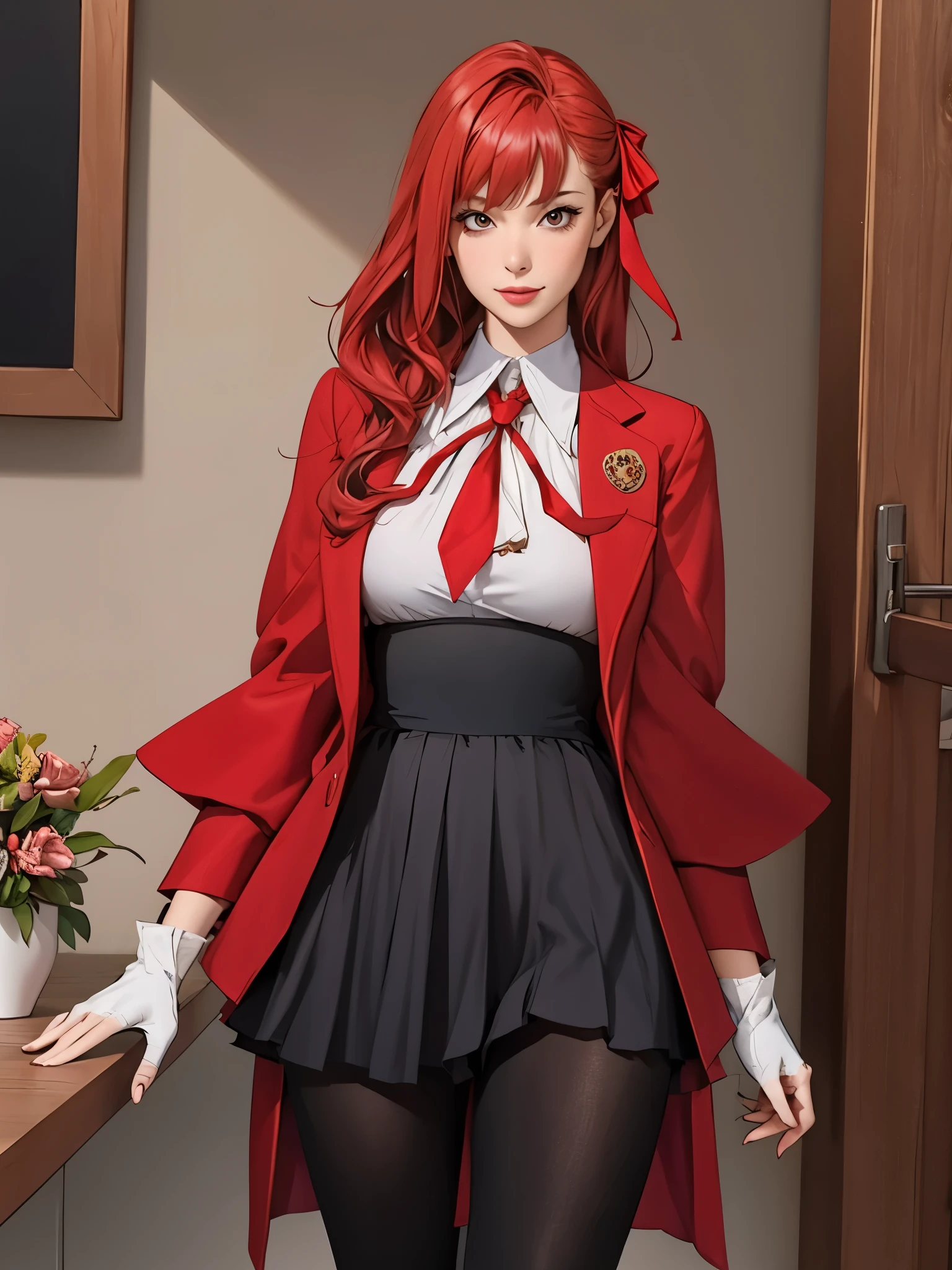 perfect eyes:1.2, detailed eyes:1.4, realistic:1.4, black pantyhose:1.2, very long hair, bb \(fate\), fringe, red ribbon, outfit-gladiia, red necktie, red jacket, red hair, red eyes, black skirt, pleated skirt, bow, long sleeves, serious, cowboy shot, 1girl, solo, (masterpiece:1.6, best quality),