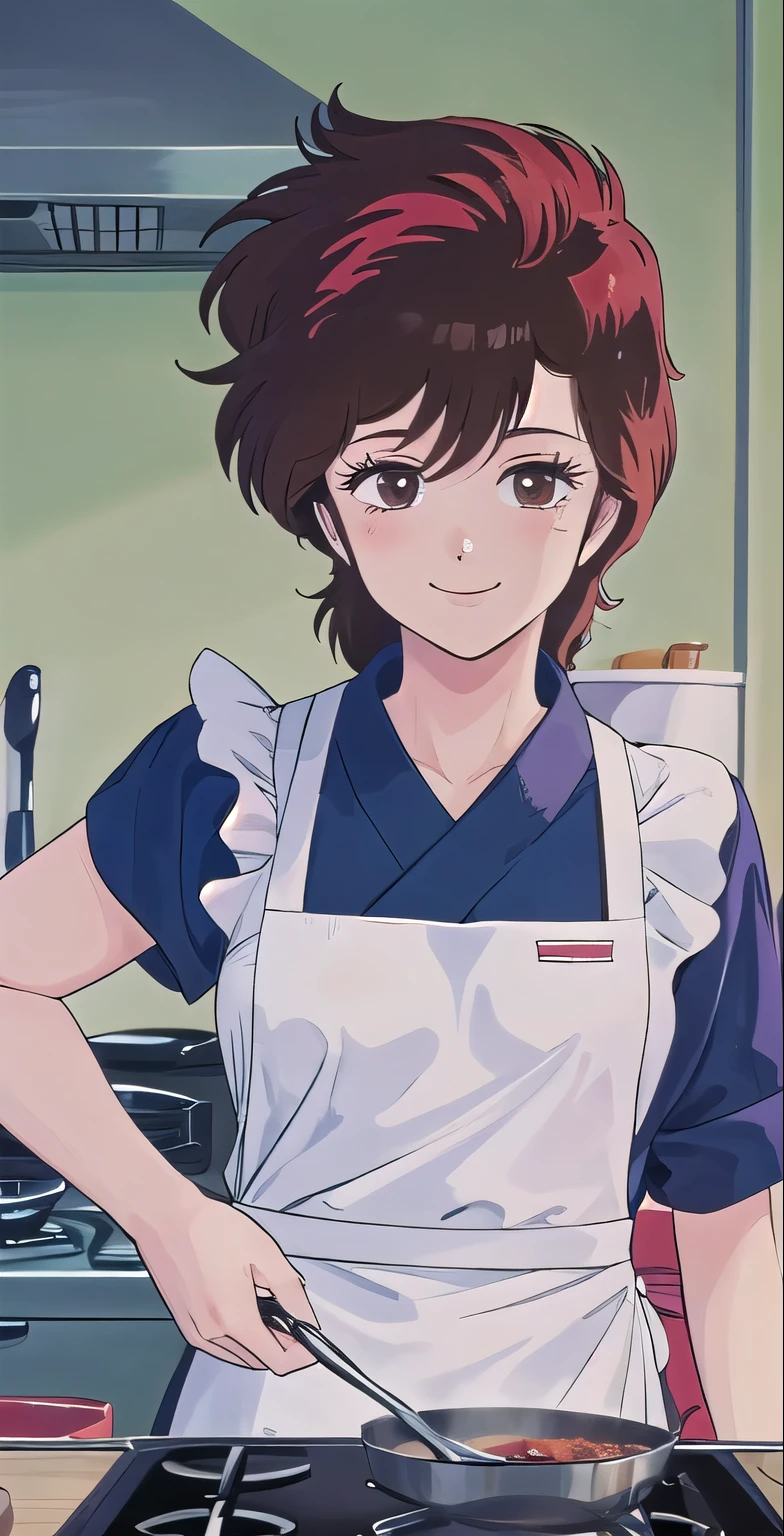 Kaori, 1girl, solo, upper body, kitchen, cooking, looking at viewer, smile, apron, perfect quality, good quality, masterpiece, HDR, UHD