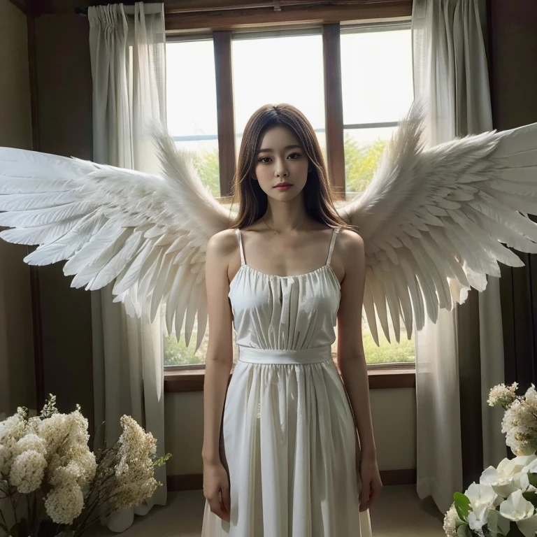 (best quality,4k,8k,highres,masterpiece:1.2),Calm expression、Holy light pours down、Fresco style、elegant white dress、angelic wings、Divinity、Quiet atmosphere、Gentle tones、Soft rays of light、Alien landscapes