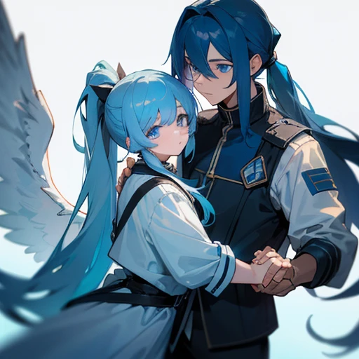 A blue-eyed angel boy with long blue hair in a ponytail with bangs that expose one eye and one eye that is hidden by a bang, and a blue-eyed and long-haired angel girl are holding hands