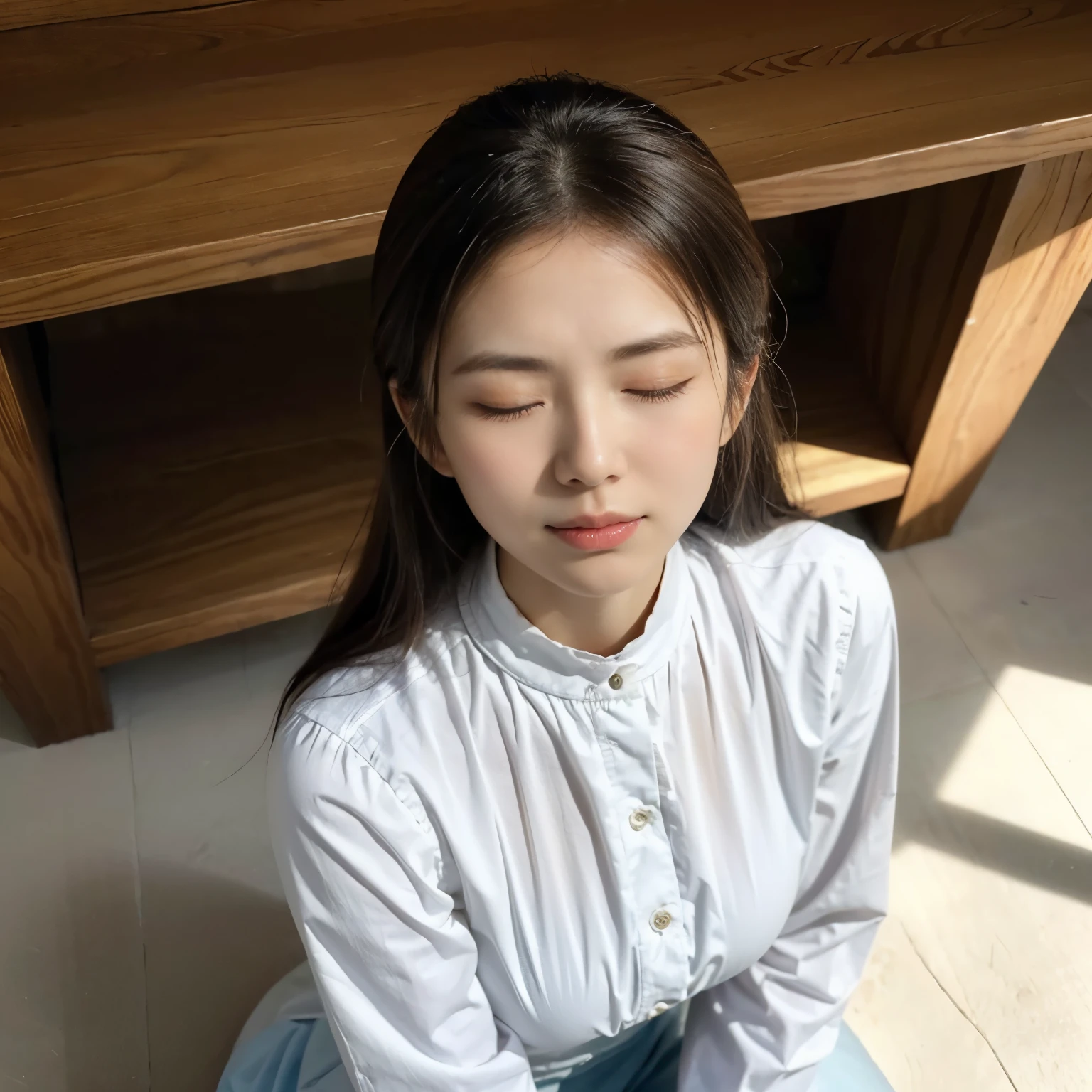 A young and very beautiful nun、(((Close ~ eyes:1.７)))、Face the viewer、Kneeling pose、At the altar of the chapel、(Open your mouth wide:1.75）、Shot from above、cr1r3、lora:Mary_N_RV2_150:0.7、natural breasts、