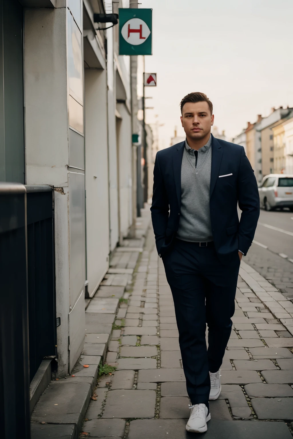 full length photo of a man, a little plump in a suit with short hair, in a tracksuit, in Warsaw