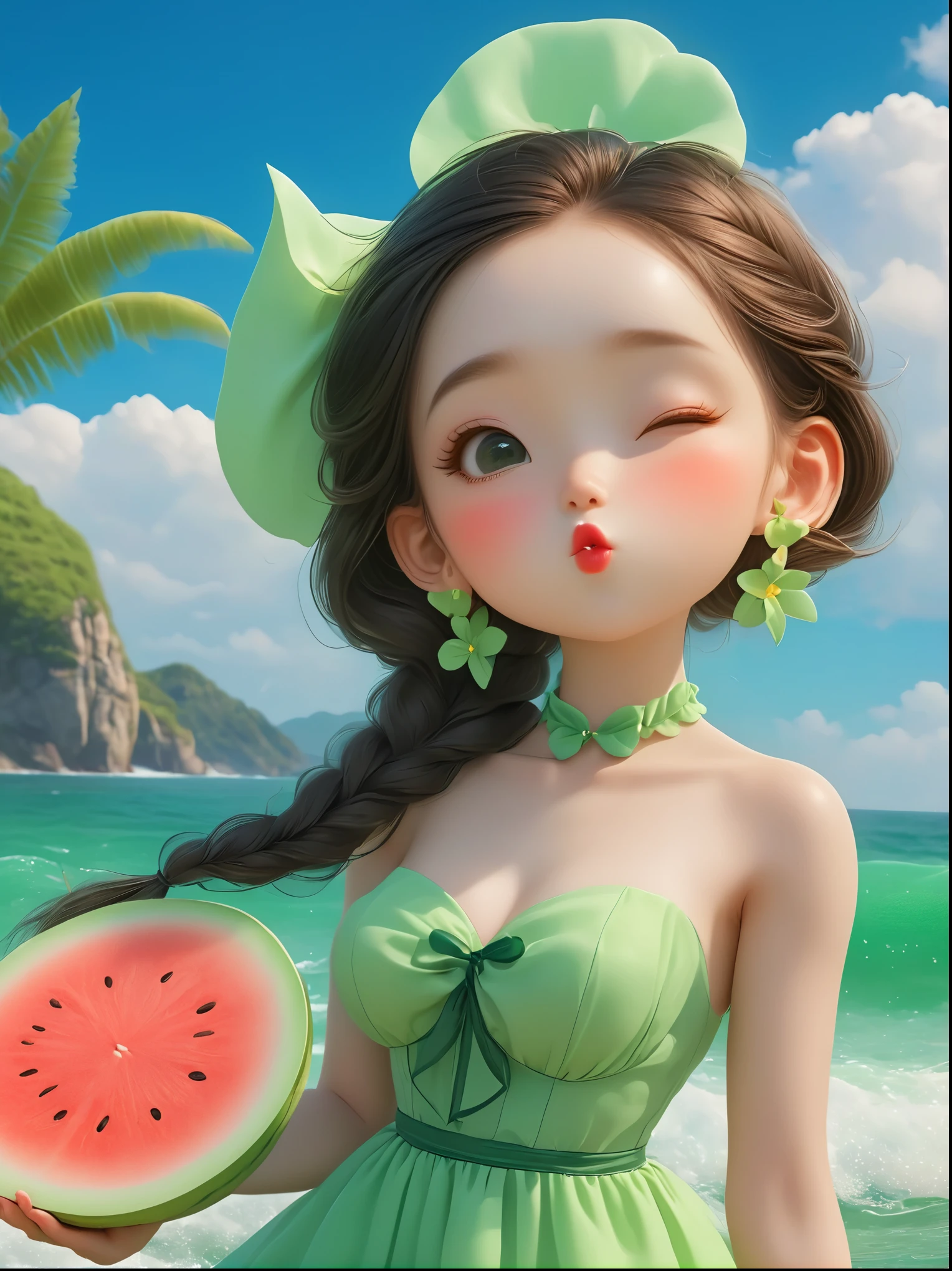 (Vision:1.5), (whole body:1.5), 1girl,seaside,Beach,Green Dress,Her appearance is full of unique charm,On a melon-shaped face,Have a pair of eyes as deep as obsidian,Looks so radiant,The straight nose and the red lips complement each other,Exuding natural beauty,In the flowing long hair,A pair of slender ears are faintly revealed,It adds a bit of sweetness, (Close one eye:1.3), Pouting cute little mouth, faint blush, Proud, Cartoon Style, whole body照, Created with C4D and Blender, Blind box toy styles, Super Detail, Anatomically correct, masterpiece, precise