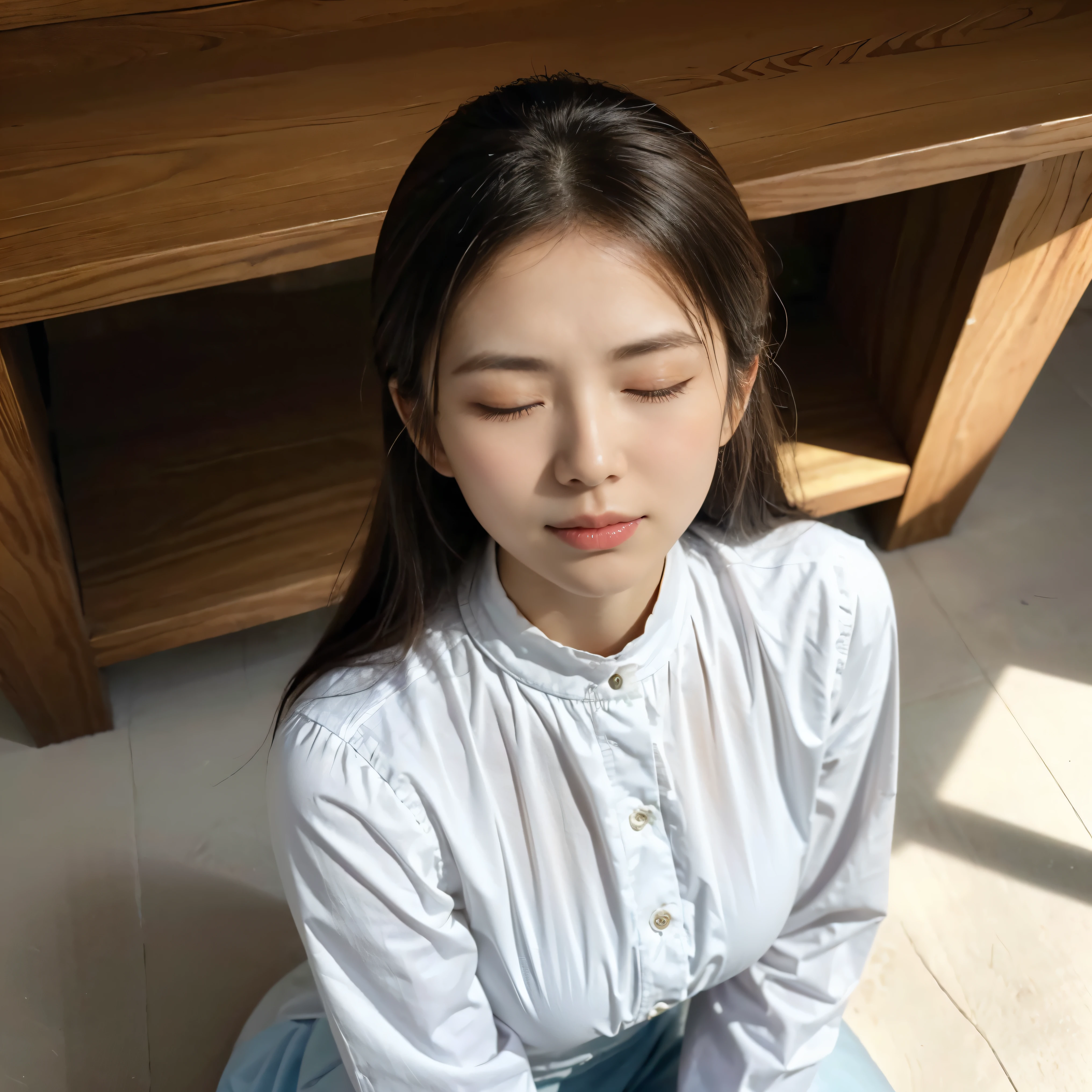 A young and very beautiful nun、(((Close ~ eyes:1.７)))、Face the viewer、Kneeling pose、At the altar of the chapel、(Open your mouth wide:1.75）、Shot from above、cr1r3、lora:Mary_N_RV2_150:0.7、natural breasts、