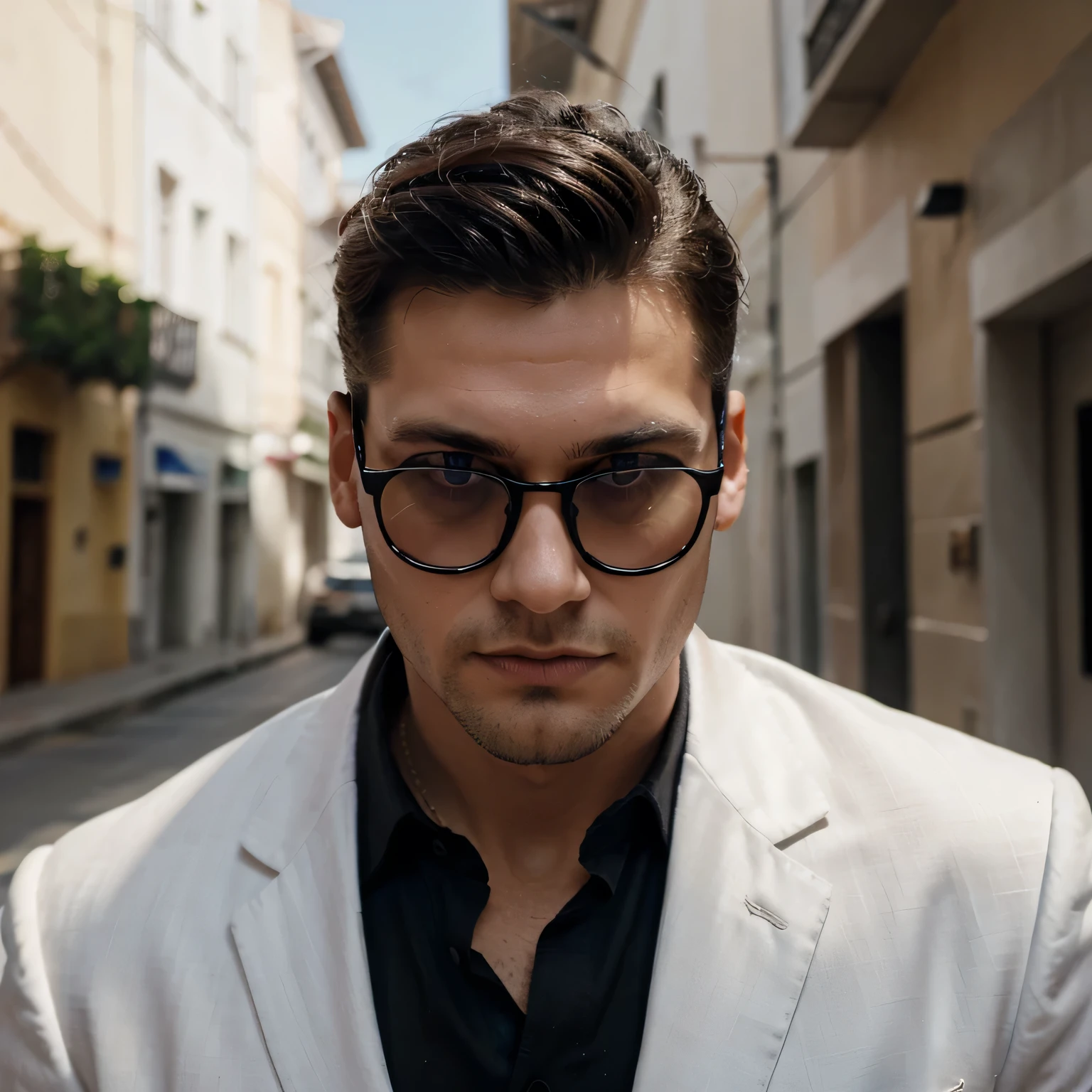 Hombre, 30 years, piel blanca, ojos azules, marked jaw, Alto, con gafas, traje negro.