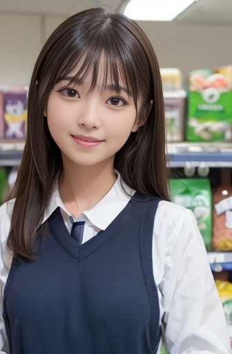 One girl, Happy, smile, (At the supermarket:1.2), ((school uniform:1.2)), RAW Photos, (photoRealistic:1.37, Realistic), Highly detailed CG integrated 8K wallpaper, View your viewers, (((Straight from the front))), (high qualityスキン:1.8, Shiny skin), 8K Ultra HD, Digital SLR, Soft lighting, high quality, Film Grain, Fujifilm XT3, ((Upper Body:1.6)), (Professional Lighting:1.6)