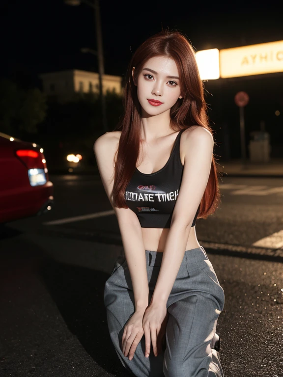 red hair, blunt smooth, smooth, long hair, hair spread out, straight hair, ผมshadowงาม, glowing eyes, Long eyelashes, Amber Eyes, put on makeup, evil smile, Blush, canine, Surrealism, chiaroscuro, movie light, ภาพshadow, shadow, UHD, Masterpiece, Anatomically correct, super details, height, best quality(Highest quality),8k,(Masterpiece:1.3),(1 woman:1.3),(Medium bust:1.3),realistic,high resolution,Highly detailed facial and skin textures,realistic faces,original photo,((beautiful face:1.5)),(beautiful woman:1.4),perfect body proportions,Make your skin whiter,ผิวมันshadow,((Extraordinarily detailed face)),attention to detail,Double eyelids,Strengthen eye shadow,eye for detail,professional lighting,movie light,Focus sharply,((Sporty style)),((light, colorful clothes)),Colorful T-shirt，short skirt,((Lively,active,ความLively)),((trousers)),((revealing thighs)),(erotic:1.3),short skirt that wraps around the hips，on the road
