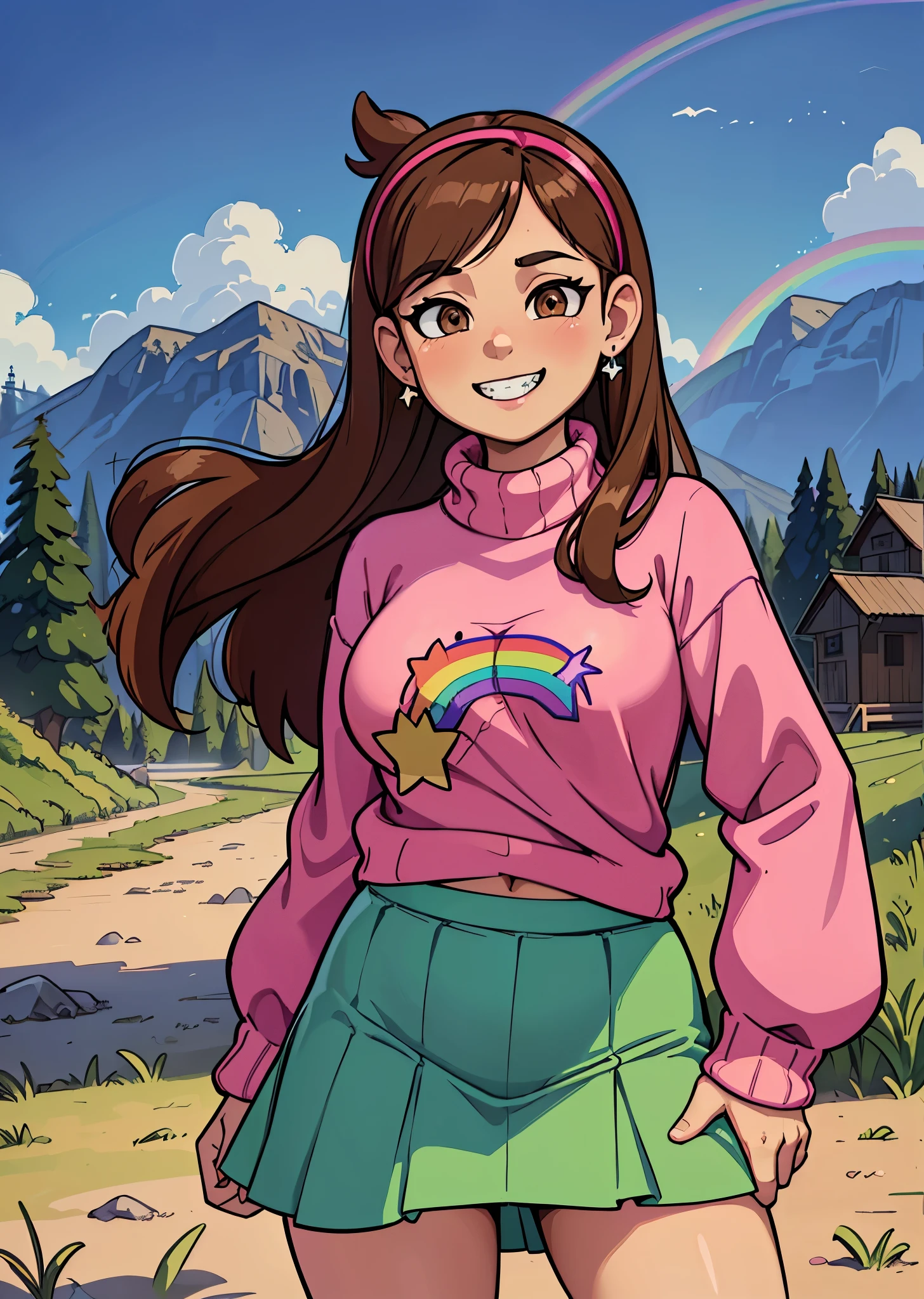 [Mabel], [Gravity Falls], ((masterpiece)), ((HD)), ((high res)), ((solo portrait)), ((waist-up)), ((front view)), ((detailed shading)), ((soft textures)), ((intricate details)), ((anime girl)), ((cinematic)), {attractive; (long brown hair), (cute dark-brown eyes), (large breast), (curvy hips), (beautiful legs), (cute grin), (silver braces on teeth)}, {(hot-pink knitted sweater with a rainbow printed on it), (green skirt), (hot-pink hairband), (diamond earrings)}, {(standing), (waving), (looking at viewer)}, [background; (grass plains), (sun rays), (blue sky), (clouds in sky), (ambient lighting)]