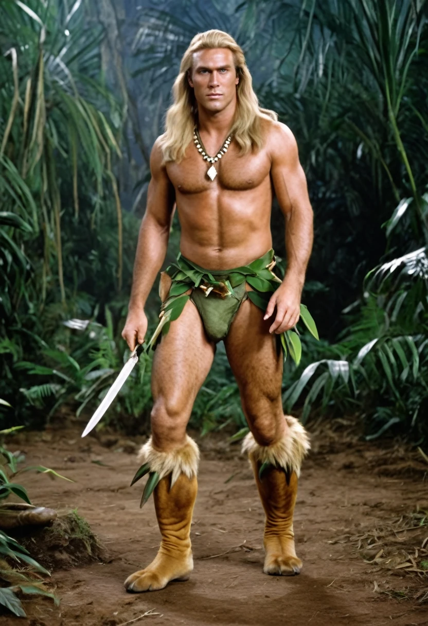 The entire body of a Tarzanid man with long blond hair, wearing animal-skin breeches (wearing Tarzan's suit:1.2), a necklace adorned with five fawn claws, an ivory knife worn on his hip, in the savannah, walking in a huge dinosaur dung, looking disgusted