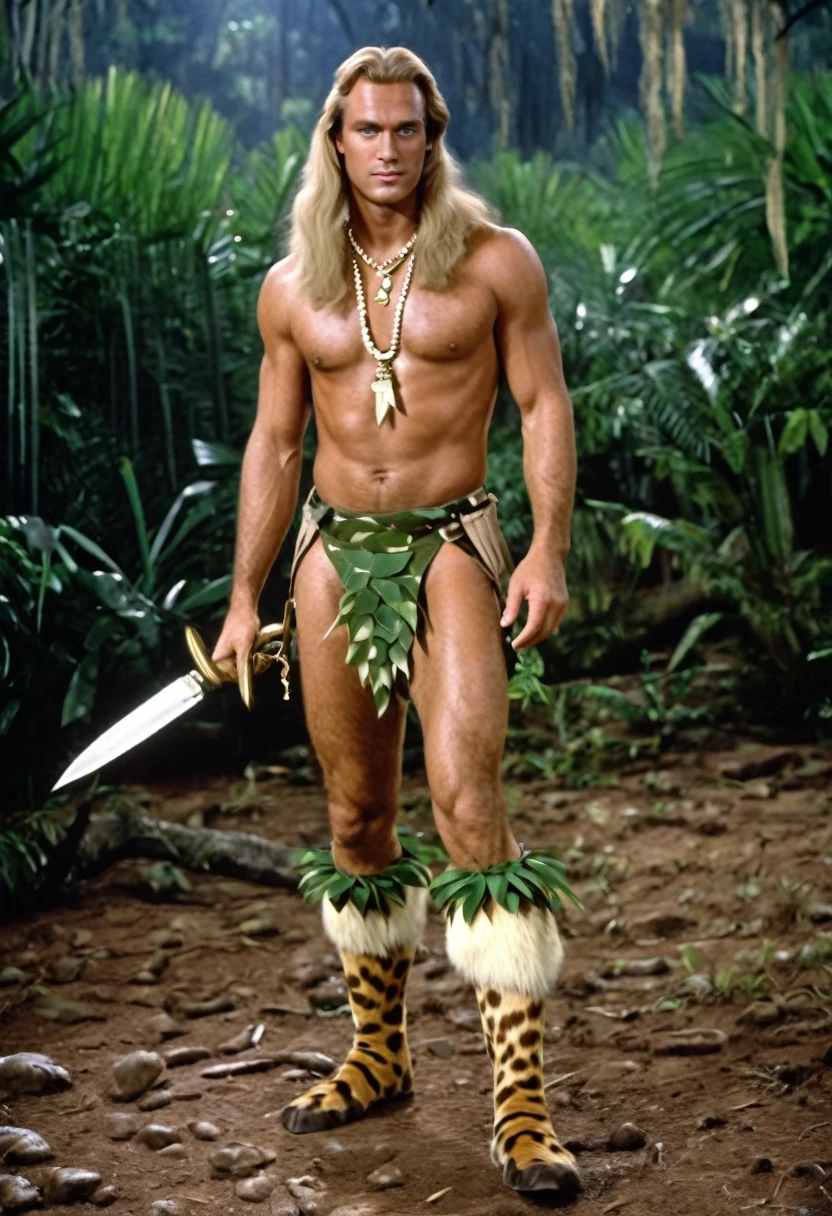 The entire body of a Tarzanid man with long blond hair, wearing animal-skin breeches (wearing Tarzan's suit:1.2), a necklace adorned with five fawn claws, an ivory knife worn on his hip, in the savannah, walking in a huge dinosaur dung, looking disgusted