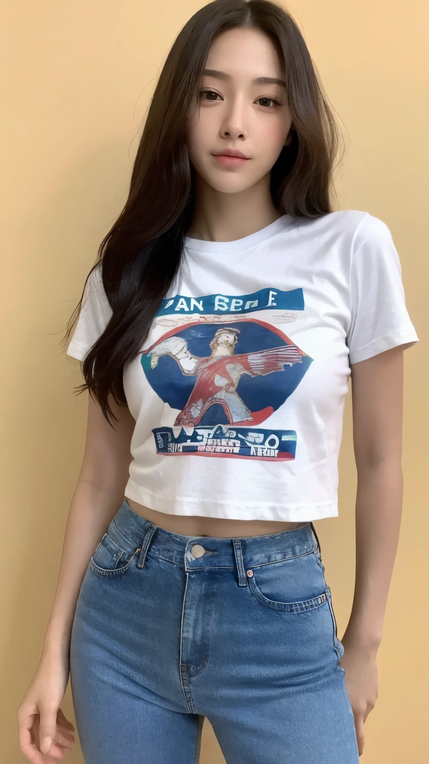 （natural， high resolution：1.3）， 1 chica con un cuerpo perfecto， Super fine face and eyes.，pelo largo， Camiseta sin mangas de colores aleatorios.：1.2， Jeans cortos， tetas grandes，exponer senos y masturbarse con una mano su vagina
