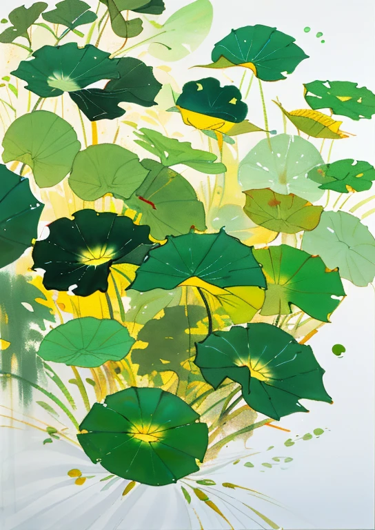 White background，There are fish，There is water，There are lotus leaves，There are dewdrops on the lotus leaves，Chinese style，There are buildings，Acrylic painting