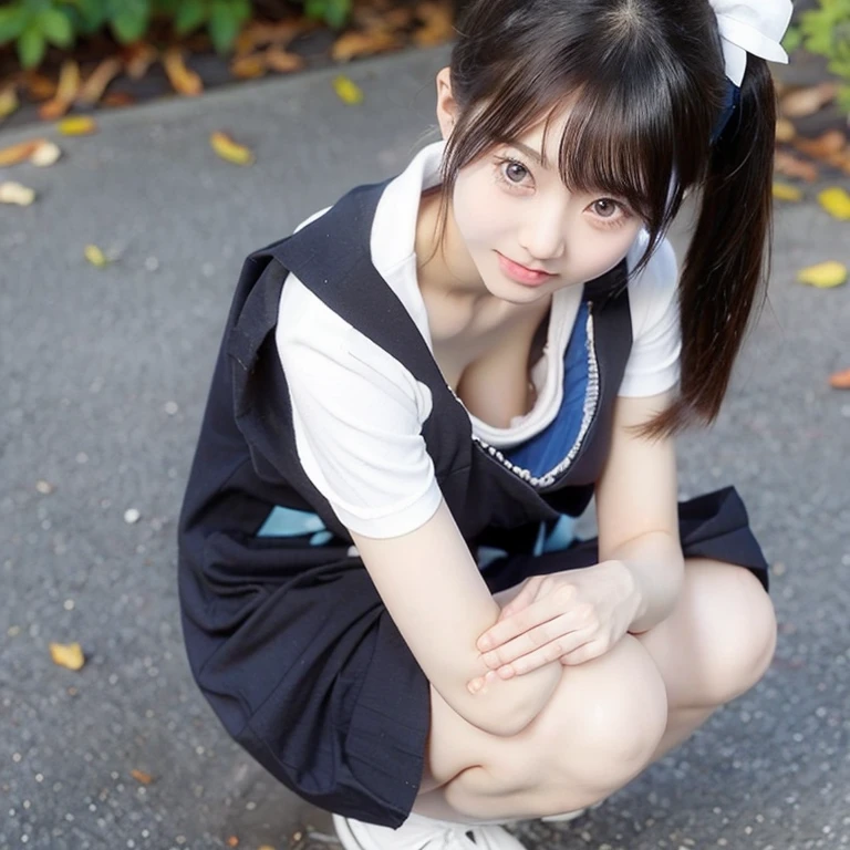 highest quality, Ultra-high resolution, Highly detailed skin, Physically Based Rendering,（shirt with wide open chest、mini skirt),((from below))) ,(((Young face of 18 years old,Japan Schoolgirls、Place both hands on the ground、Topless leaning forward,No bra)))(((panty shot.showing panties,squatting,open legs wide)))(((Small breasts, Nipples are visible, from the front,))),(Japanese school girl uniform),(Blurred Background:1.2), (Cleavage), (Show me her white panties)Long black hair, open chest shirt