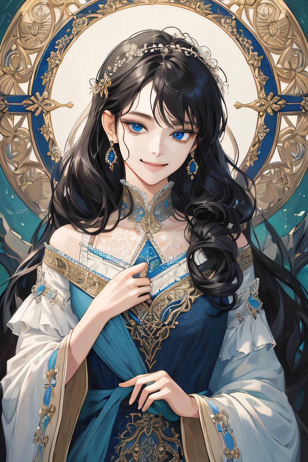 (extreamly delicate and beautiful:1.2), 8K,(masterpiece:1.0),(best_quality:1.0), 1 girl, and intricate detailing, Enlarged textures, and intricate detailing, finely eye and detailed face, and intricate detailing, shiraga, black curls long hair, (smirk mouths), Perfect eyes, Equal eyes, blue ice eyes (A famale god) with short Flared Mid-Length Dress, look at camera, look 50 years old