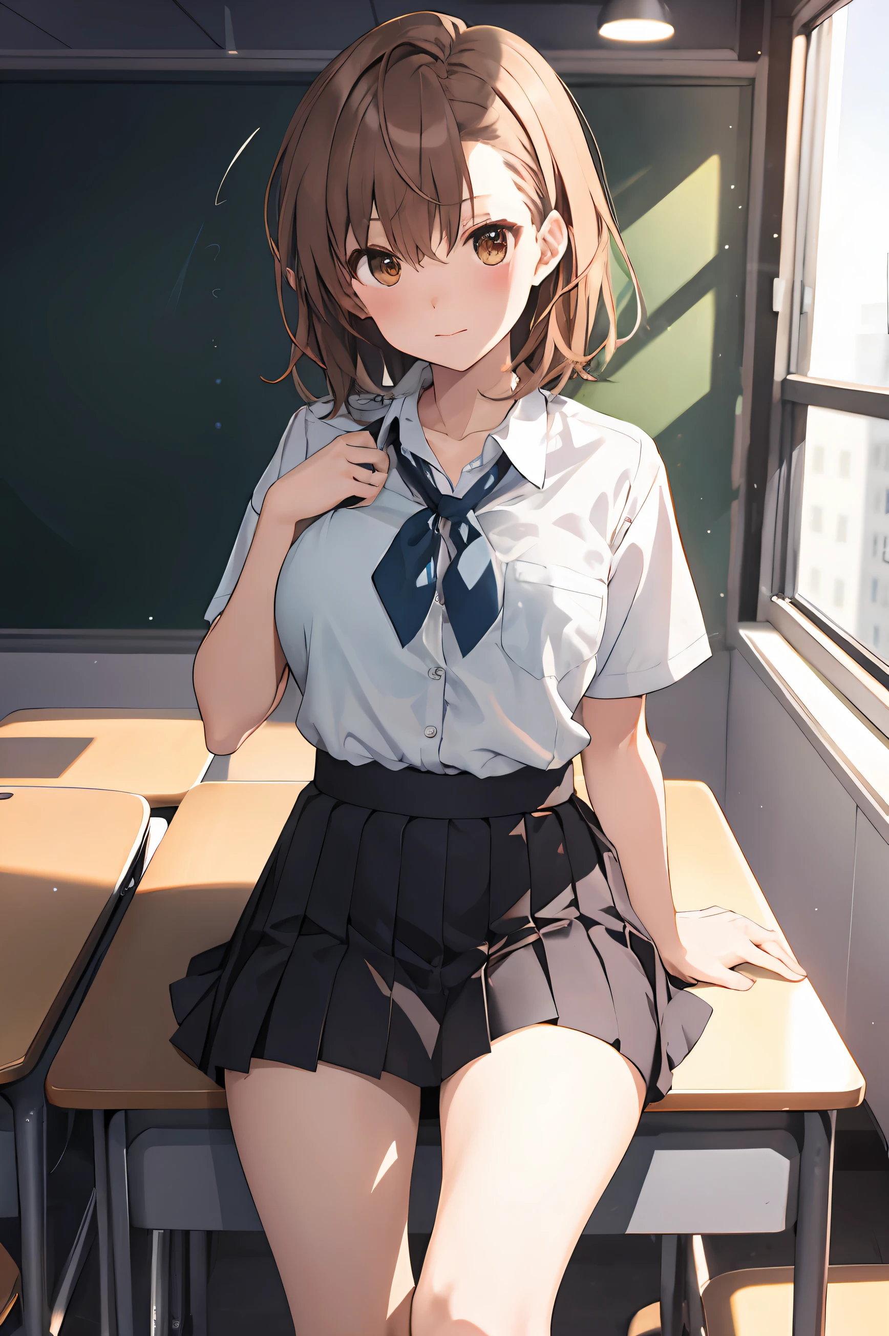 masterpiece, highest quality, superior_Mikoto, Brown eyes, short_hair, small_chest, Looking at the audience, solo, Closed_mouth, first round_shirt, School_uniform, shirt, Whitened_shirt, , classroom Full Body mini skirt