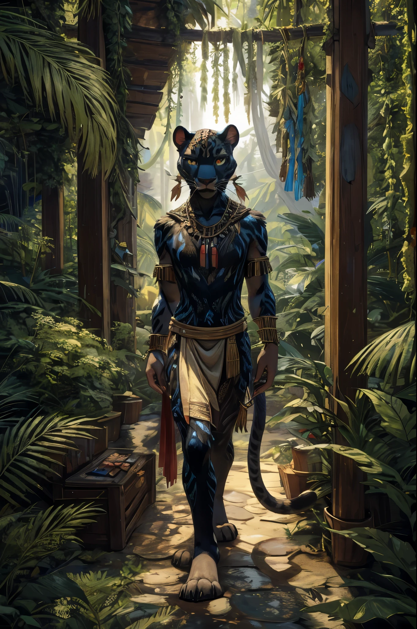 (((Barefoot furry character, full body, cinematic setting, furry male, plantigrade))) 

Curare depicted as stealthy and agile ((panther)) anthro with sleek black fur and piercing amber eyes. Clad in tribal-inspired attire with dart motifs symbolizing curare's traditional use in blow darts. The figure sitting barefoot in a dense rainforest setting, surrounded by vines and exotic plants like Strychnos toxifera, used in curare preparation by indigenous tribes.

BREAK, detailed background, 8K, (masterpiece:1.5), intricate details, highly detailed, extreme detail, octane render, fine art, best quality, highres, (detailed face:1.5), ((full_body)), UHD, (((perfect hands))), low light