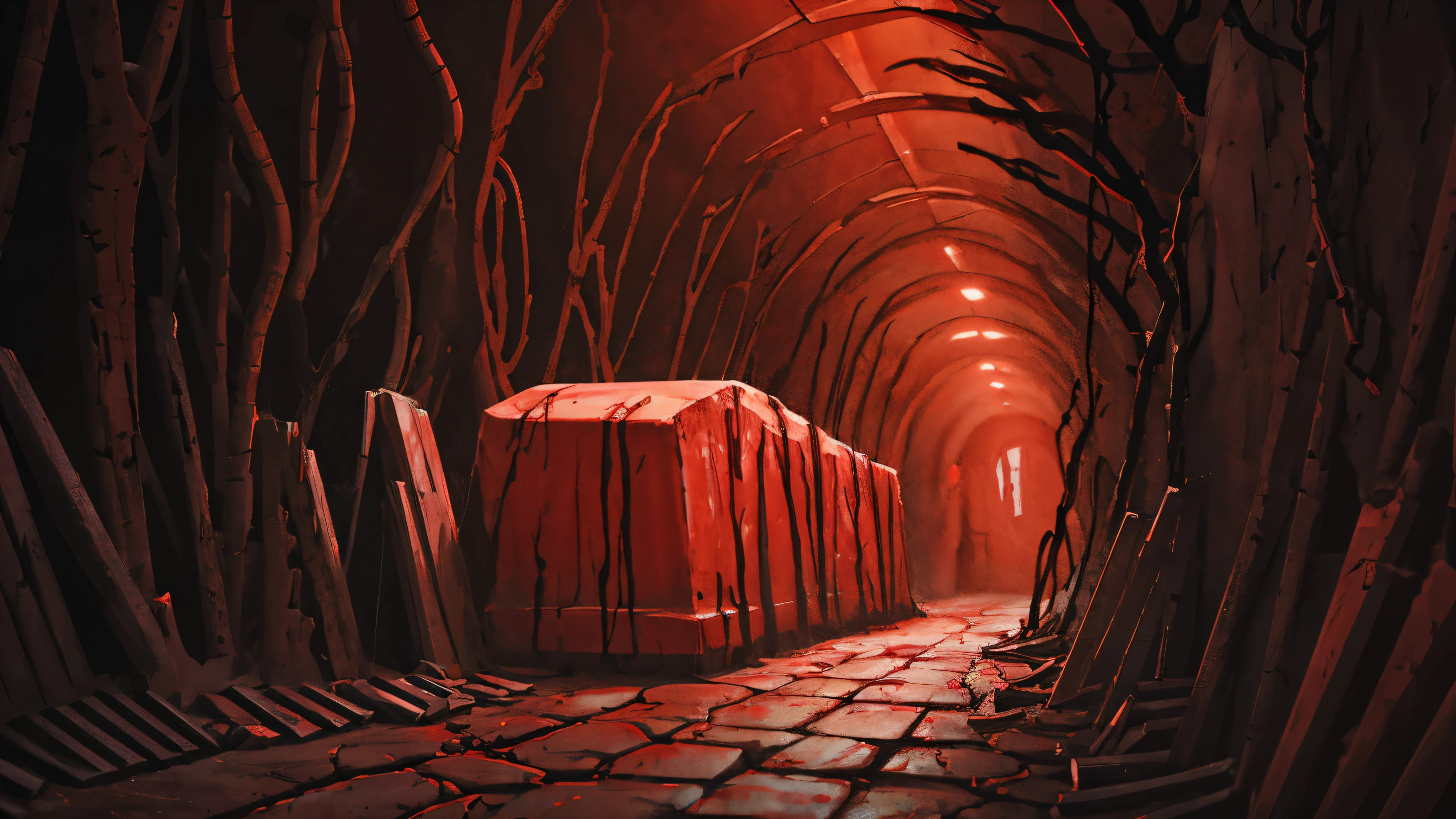 fundo de romance visual, dark, damp chamber, Ambiente vermelho, cripta, coffins lying face up on the floor, pisos rachados quebrados, blood spatter on the floor, a tunnel going deeper ahead, ballot boxes on the floor, extremamente detalhado, alta qualidade