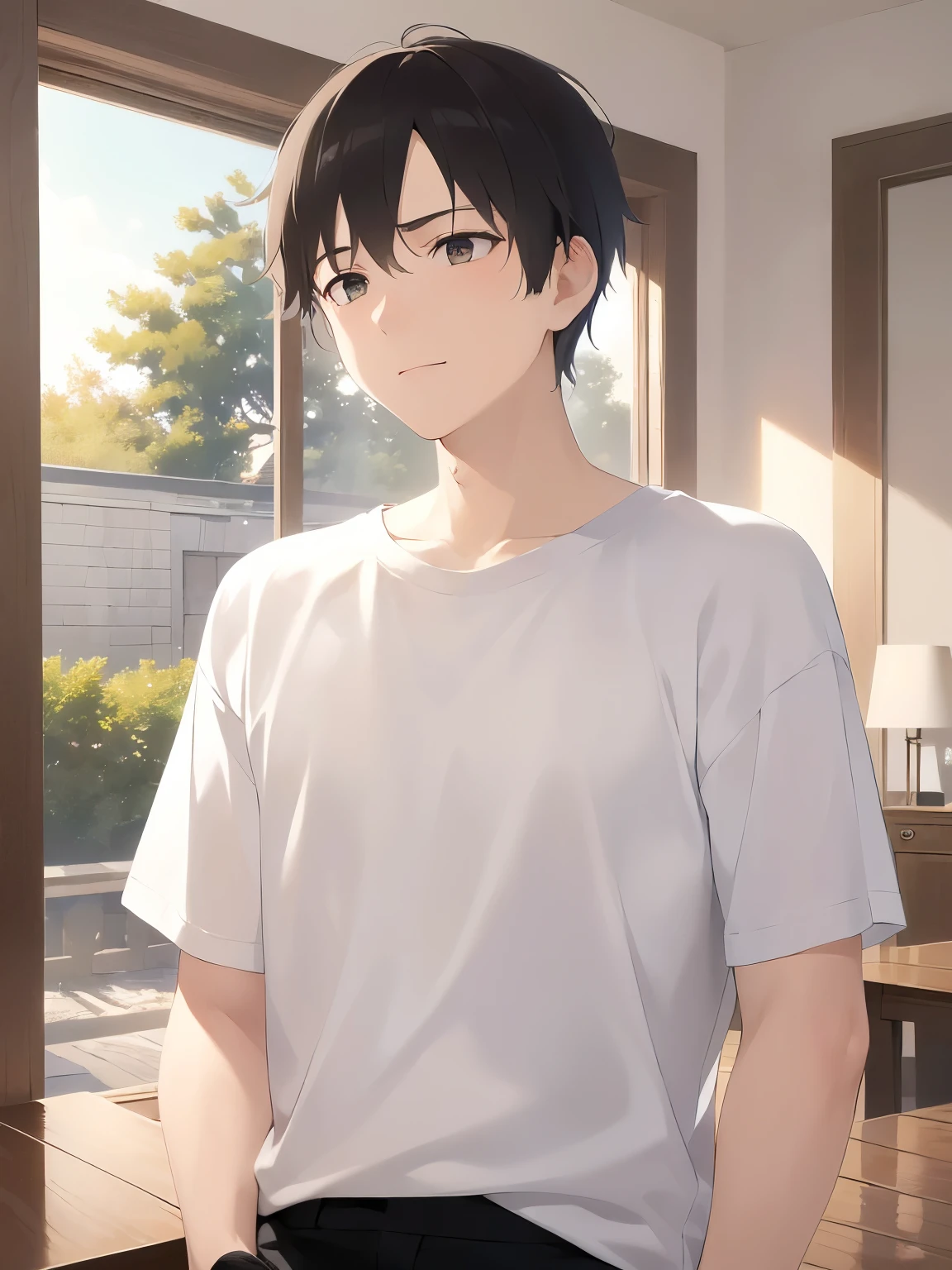 (looking away:1.5), masterpiece、highest quality、(25-year-old male:1.5) and (Brown short hair) and (Green Eyes), White T-shirt、Are standing、sad smile、oepn mouth, The background is the living room、(Alone:1.5)、Upper body is shown、