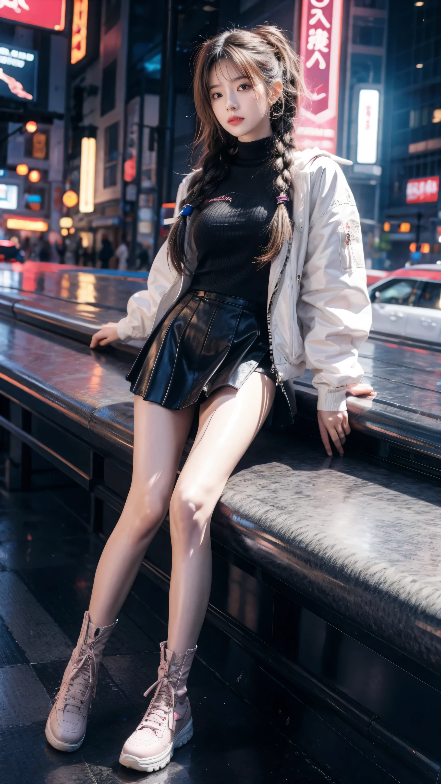 high resolution, best quality, masterpiece, very high image quality, Super detailed, Surrealism, 3D, Japanese cartoons, illustration, fantasy, Hard Rock Girl, Very pretty and cute, Pink wavy hair, Side braids, mini skirt, Knee socks, Engineering boots, Background cyberpunk city galaxy
