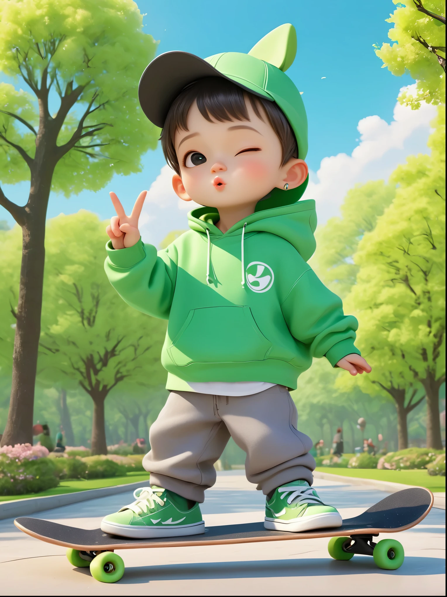 1boy, Wearing hoodieBREAK Grey pants, Green sneakers, Making a V-sign， boy standing on a skateboard, (Close one eye:1.3), black eyes, Cute ears, Pouting cute little mouth, Cartoon Style, full-body shot，(Park spring beautiful background:1.3)，Created with C4D and Blender, Blind box toy styles, Super Detail, Anatomically correct, masterpiece, precise