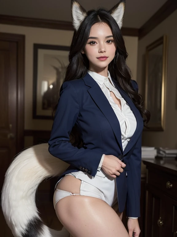 ((highest quality, 32k)), ((masterpiece)), (Get used to it), Perfect Face, Fox Girl, Beautiful woman, public, There is a tail, she has a fox tail, She wags her fluffy tail, smile, collar, She wears a business suit, Beautiful hip line, A tail sticking out from a business suit, Large Breasts, Big Ass