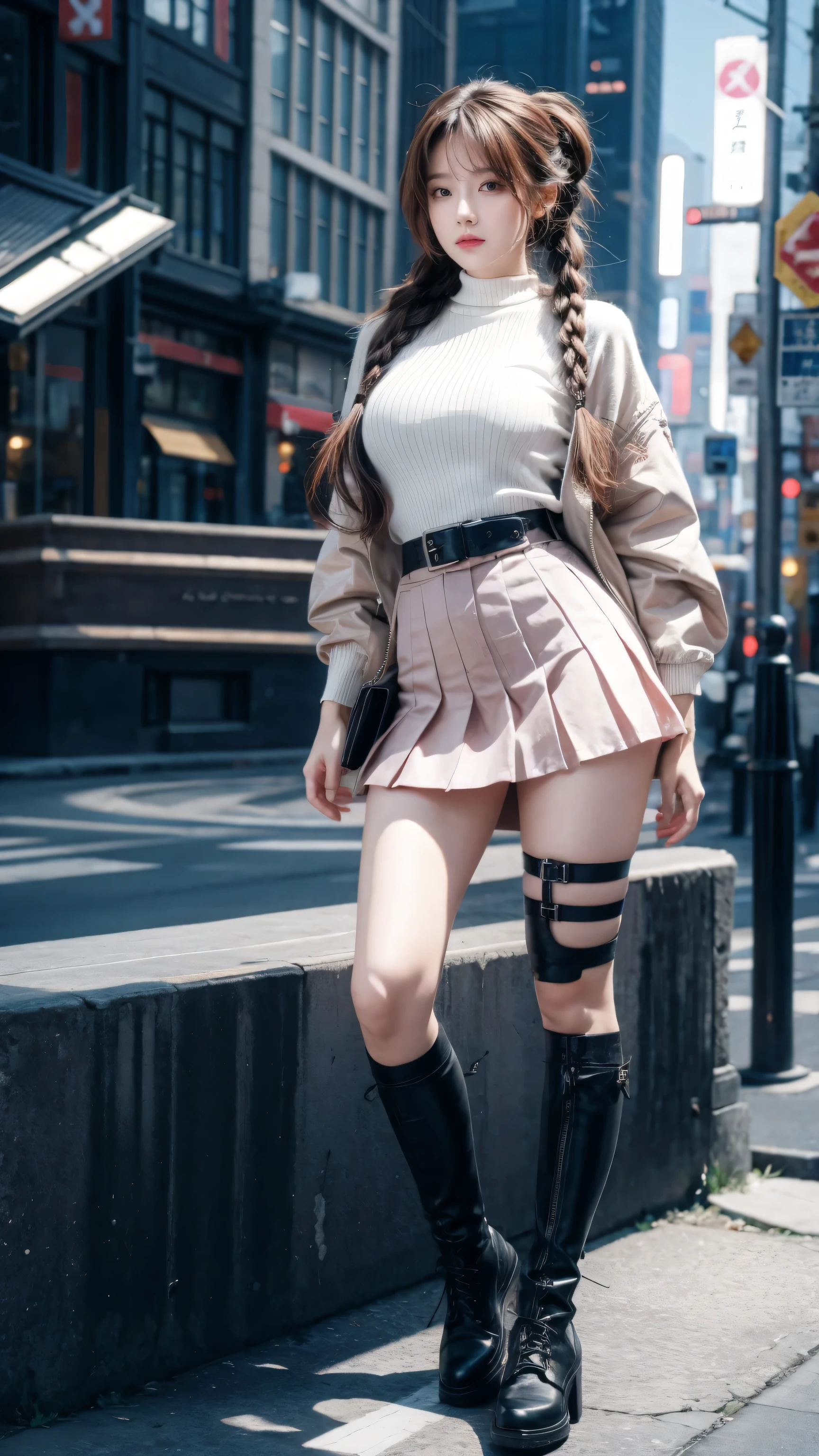 high resolution, best quality, masterpiece, very high image quality, Super detailed, Surrealism, 3D, Japanese cartoons, illustration, fantasy, Hard Rock Girl, Very pretty and cute, Pink wavy hair, Side braids, mini skirt, Knee socks, Engineering boots, Background cyberpunk city galaxy