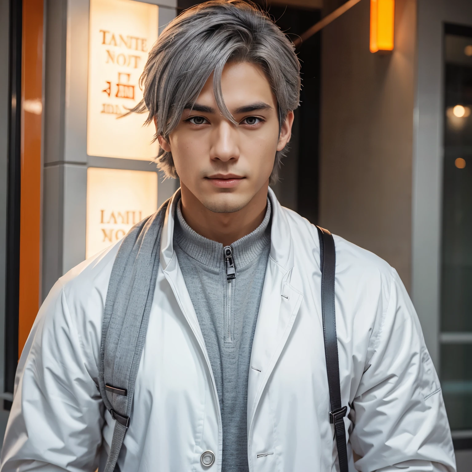 Handsome male anime character with gray hair and orange eyes, wearing a white coat