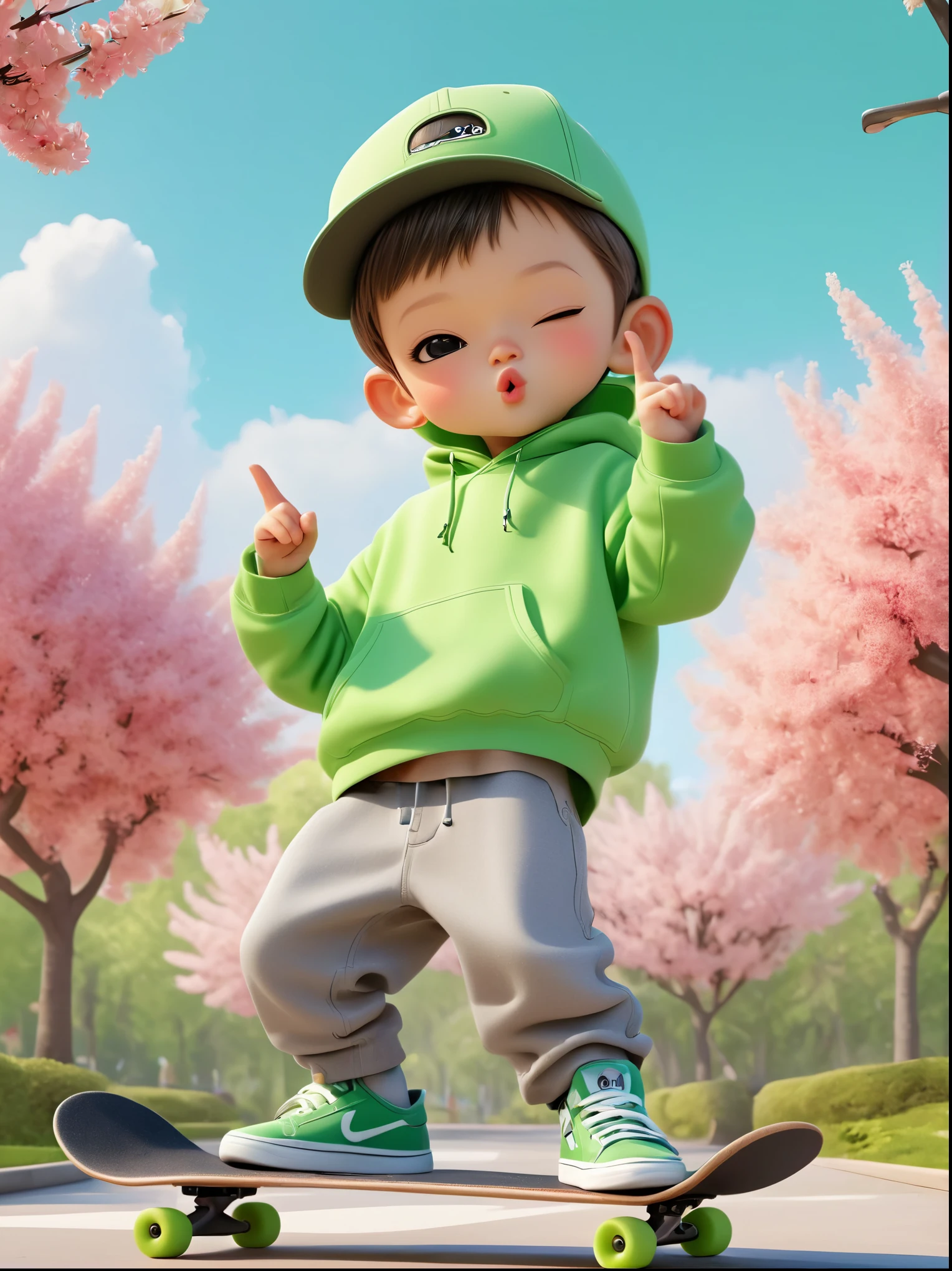 1boy, Wearing hoodieBREAK Grey pants, Green sneakers, Making a V-sign, standing on a skateboard, (Close one eye:1.3), black eyes, Cute ears, Pouting cute little mouth, Cartoon Style, full-body shot,(Park spring beautiful background:1.3),Created with C4D and Blender, Blind box toy styles, Super Detail, Anatomically correct, masterpiece, precise