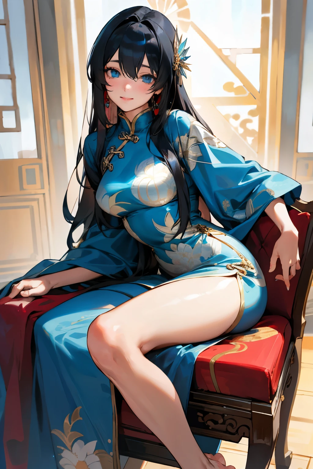 (Realistic:1.3), (photoRealistic:1.2), (highest quality), (Detailed skin:1.3), (Intricate details), One girl, 19 years old, Detailed skin texture, (blush:0.5), Scattered beneath the surface, smile, Black Hair, Straight Hair, Long Hair, bangs, Hair between the eyes, Hair volume is low, Sparkling blue eyes, Lens Eye, Light reflection in the eyes, Symmetrical eyes, looking at the camera, hair ornaments, Close-fitting clothing, Wearing edgJF_China dress, Side slits, (China dress), Floral prints, Two arms, Five fingers, Two joints in the fingers, Fingers are roughly parallel, barefoot, Depict the whole body. ((Study)), Sit on a chair, The left leg is hidden by the clothes, Angle from the front, pants