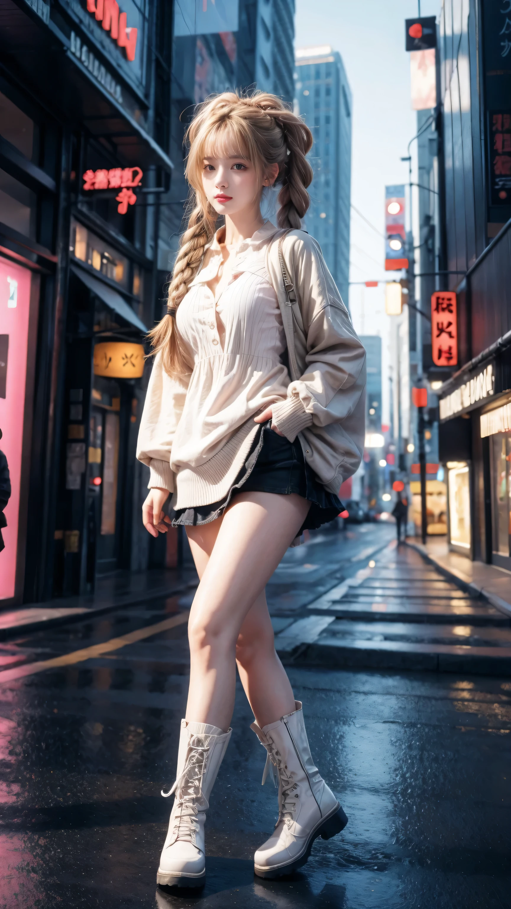 high resolution, best quality, masterpiece, very high image quality, Super detailed, Surrealism, 3D, Japanese cartoons, illustration, fantasy, Hard Rock Girl, Very pretty and cute, Pink wavy hair, Side braids, mini skirt, Knee socks, Engineering boots, Background cyberpunk city galaxy  