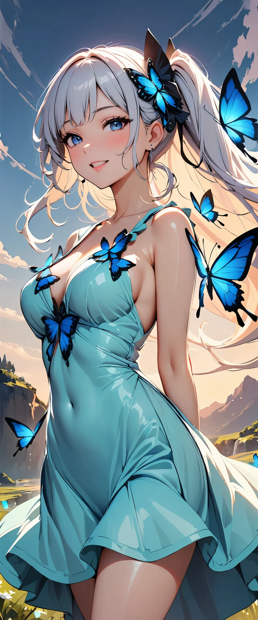 (highest quality:1.2, Very detailed, Latest, Vibrant, digital coloring, High Contrast, masterpiece:1.2, highest quality, Best aesthetics), 1 female, Silver Hair, Side Ponytail、(((Blue butterfly hair ornament, Blue Butterfly Dress:1.2))), (Lots of butterflies and flowers fluttering:1.2, fantasy landscape:1.4), Bright lighting, Beautiful world, New World, (hot gaze, Hot, Rui々Beautiful lips, Glossy, Open Mouth, Leaking sigh), Accurate, Textured skin, Cowboy Shot, seductive smile, The beauty and danger of growing from a girl to an adult, A symbol of miraculous beauty.