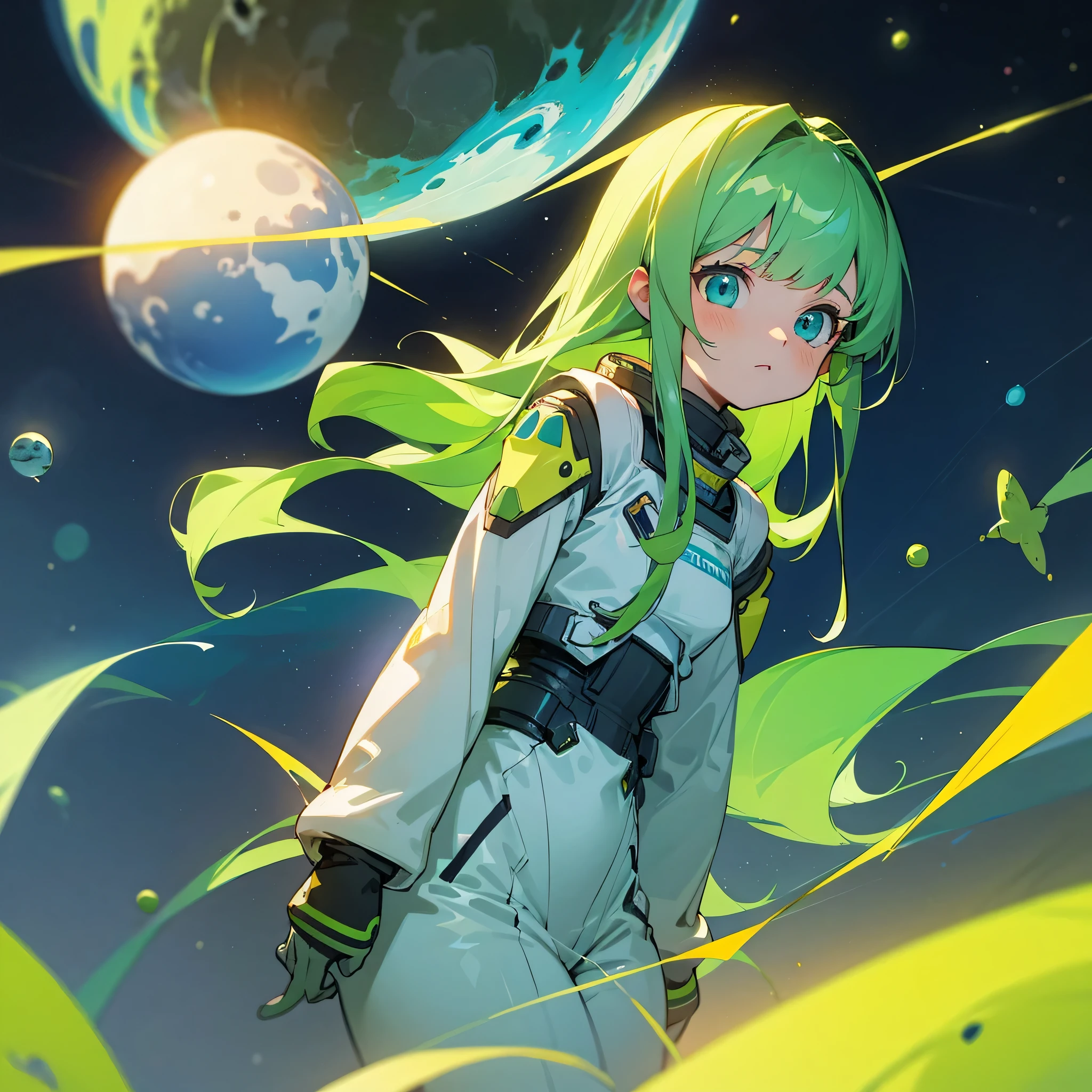 Character description.
Girl character with long green hair, big blue eyes and adorable expression, wearing space suit-like outfit
Background
Drifting in green nature, scattered green objects like asteroids and meteorites, yellow swirls of light create depth
Personal belongings
Green luminous sphere (moon or planet) in hand
Atmosphere
Fantasy and dream world, elements that stimulate a sense of adventure and curiosity, expressing the wonder and fascination of the universe