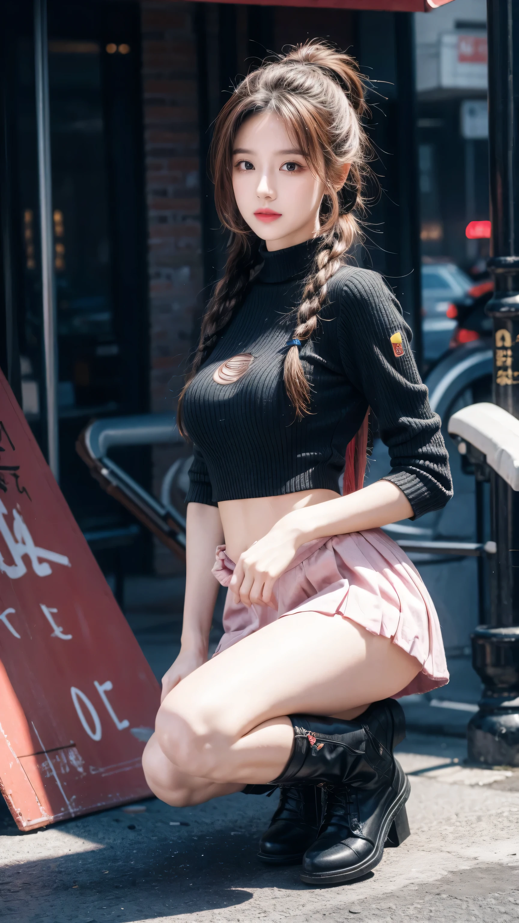 high resolution, best quality, masterpiece, very high image quality, Super detailed, Surrealism, 3D, Japanese cartoons, illustration, fantasy, Hard Rock Girl, Very pretty and cute, Pink wavy hair, Side braids, mini skirt, Knee socks, Engineering boots, Background cyberpunk city galaxy