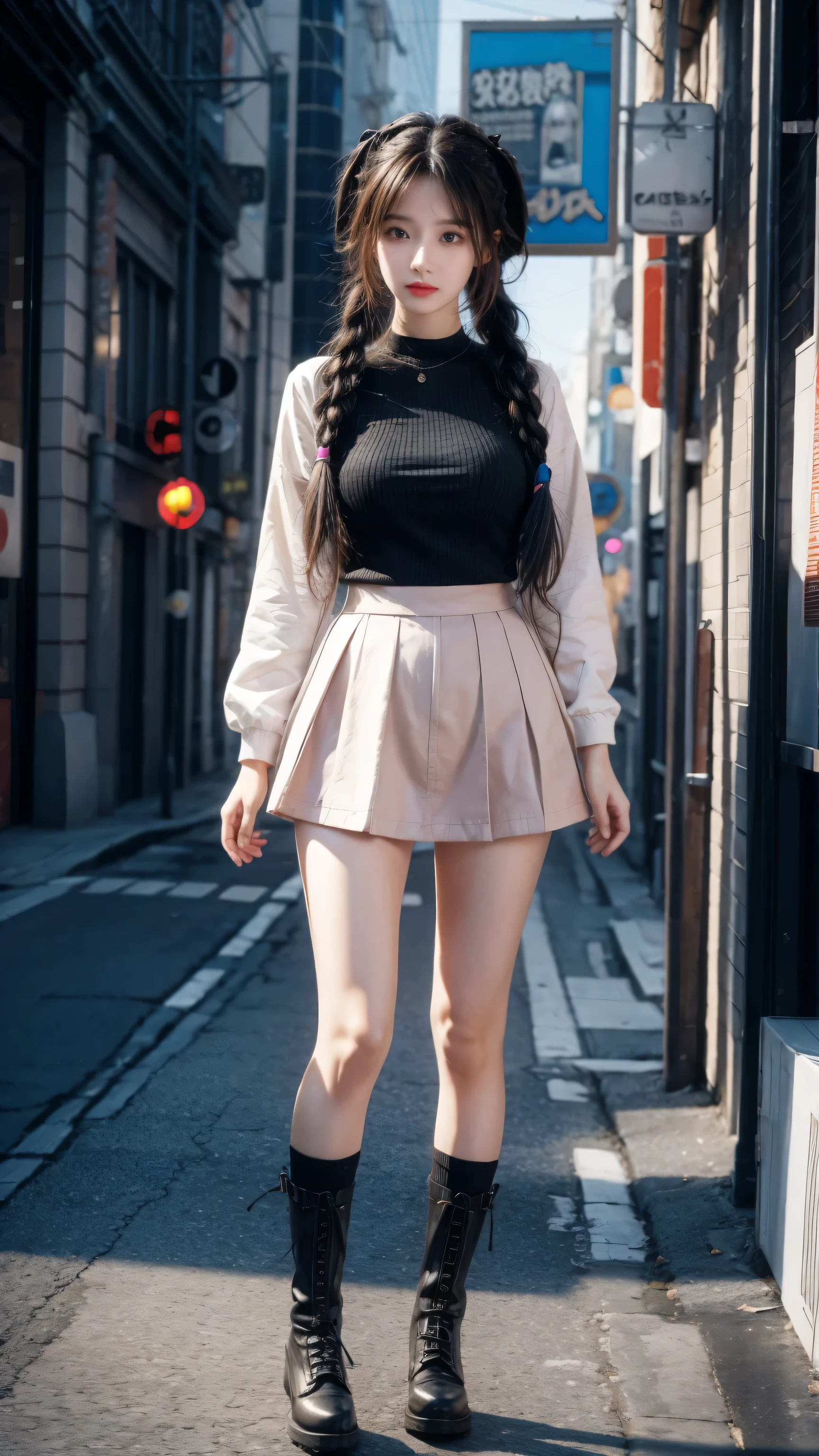 high resolution, best quality, masterpiece, very high image quality, Super detailed, Surrealism, 3D, Japanese cartoons, illustration, fantasy, Hard Rock Girl, Very pretty and cute, Pink wavy hair, Side braids, mini skirt, Knee socks, Engineering boots, Background cyberpunk city galaxy  
