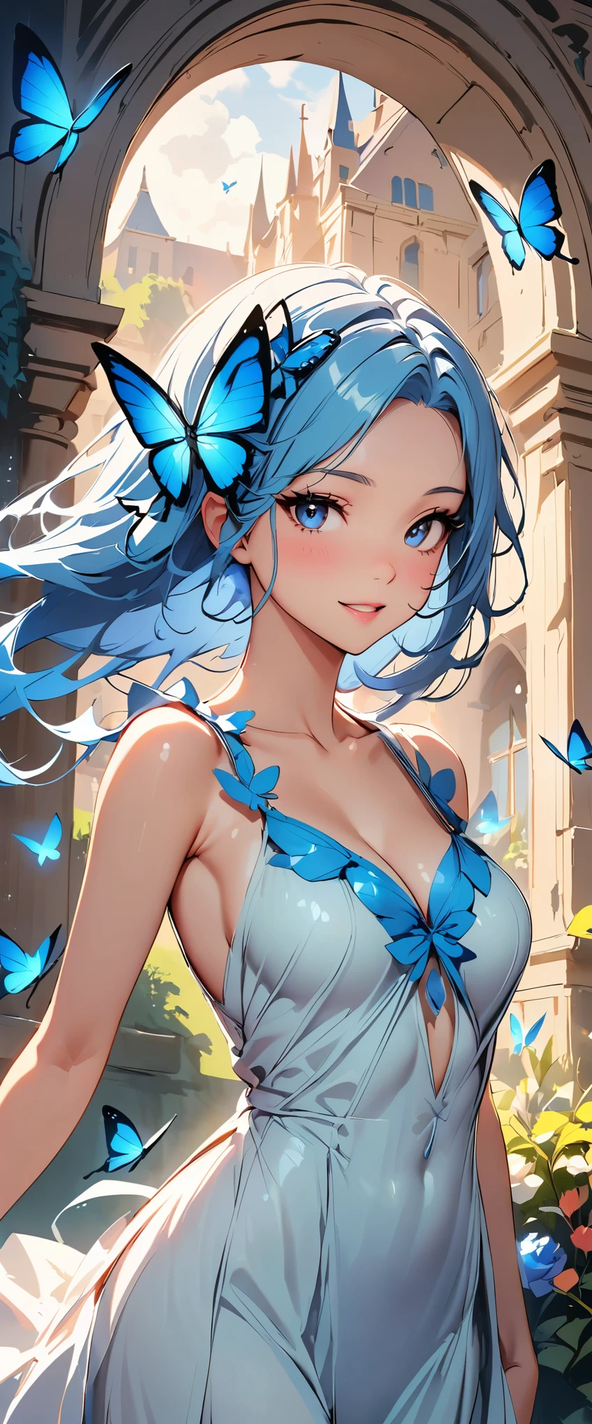 (highest quality:1.2, Very detailed, Latest, Vibrant, digital coloring, High Contrast, masterpiece:1.2, highest quality, Best aesthetics, spirit of the wind), 1 female, Silver Hair, Side Ponytail、(((Blue butterfly hair ornament, Blue Butterfly Dress:1.2))), (Lots of butterflies and flowers fluttering:1.2, fantasy landscape:1.4), Bright lighting, Beautiful world, New World, Blown by the gentle wind, (hot gaze, Hot, Rui々Beautiful lips, Glossy, Open Mouth, Leaking sigh), Accurate, Textured skin, Cowboy Shot, seductive smile, The beauty and danger of growing from a girl to an adult, A symbol of miraculous beauty.