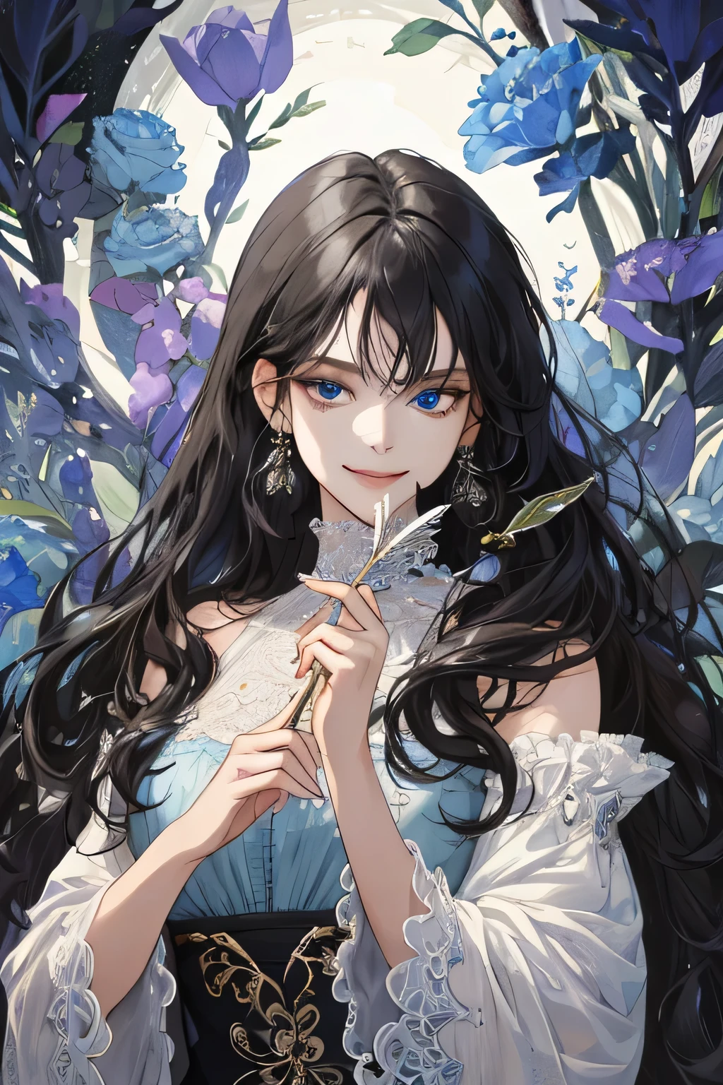 (extreamly delicate and beautiful:1.2), 8K,(masterpiece:1.0),(best_quality:1.0), 1 girl, and intricate detailing, Enlarged textures, and intricate detailing, finely eye and detailed face, and intricate detailing, shiraga, black curls long hair, (smirk mouths), Perfect eyes, Equal eyes, blue ice eyes (A famale god) with black midi Dress, look at camera, look 50 years old