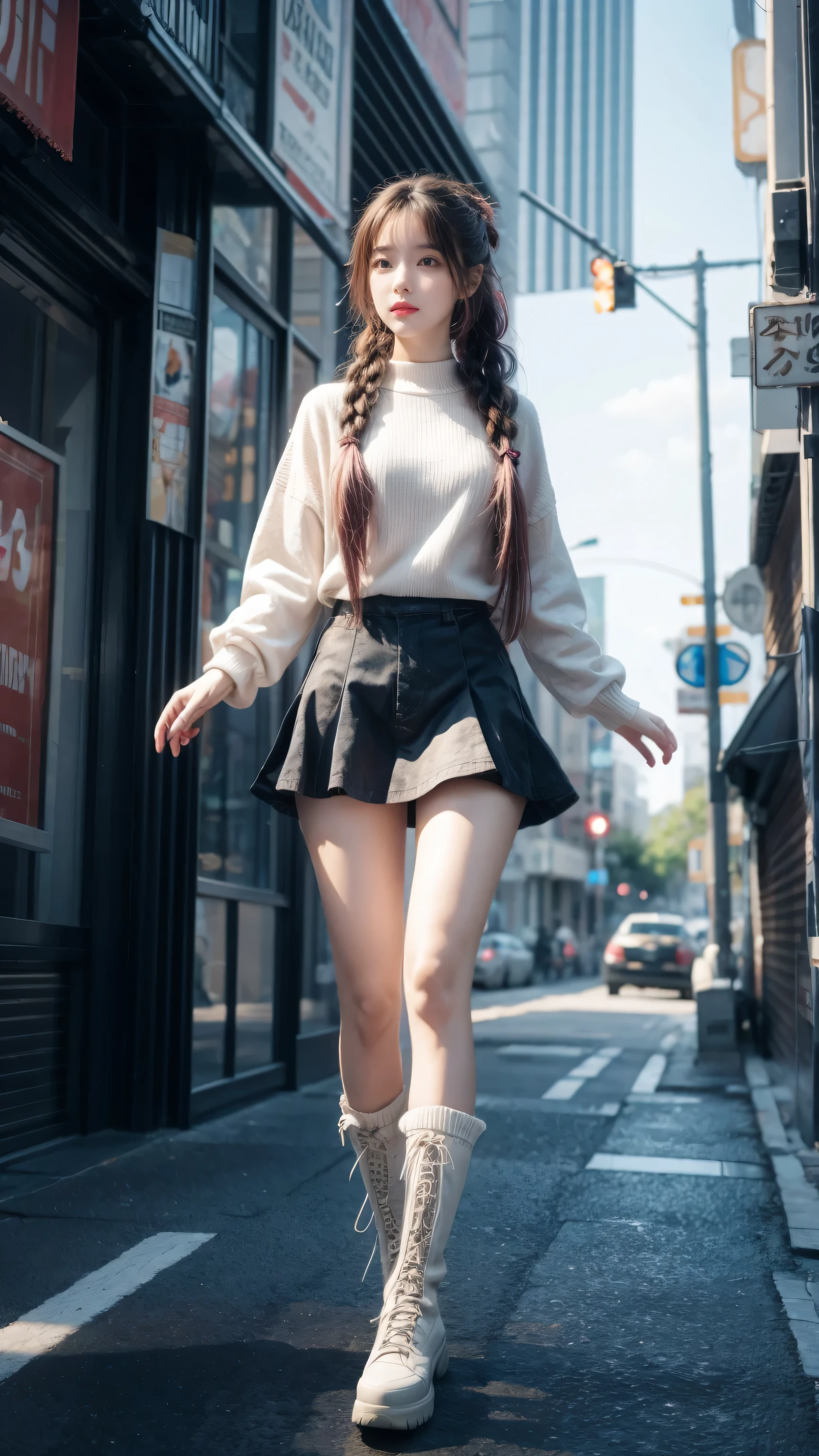 high resolution, best quality, masterpiece, very high image quality, Super detailed, Surrealism, 3D, Japanese cartoons, illustration, fantasy, Hard Rock Girl, Very pretty and cute, Pink wavy hair, Side braids, mini skirt, Knee socks, Engineering boots, Background cyberpunk city galaxy