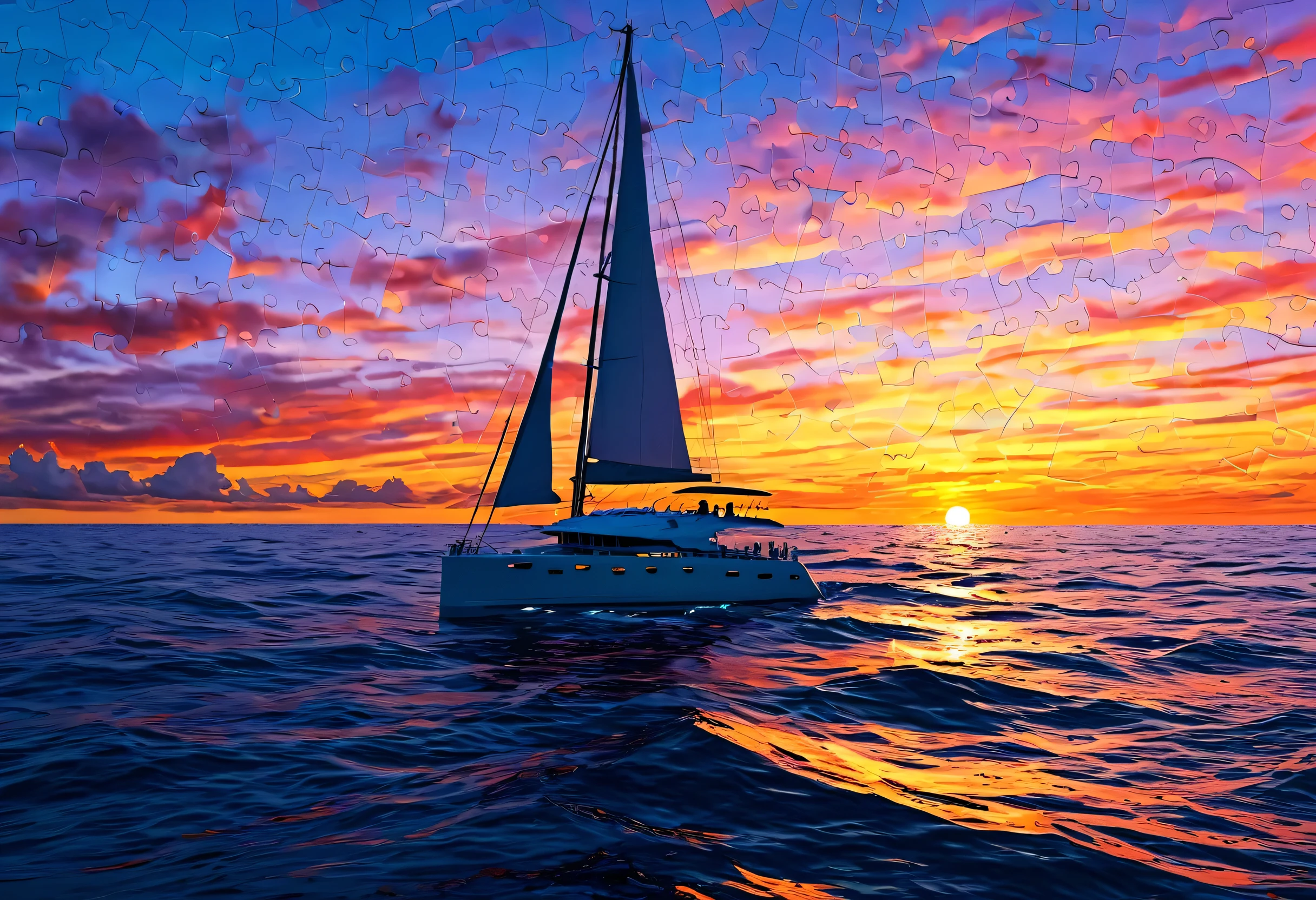 painting of a Yacht in the ocean at sunset with a colorful sky, Puzzle Art, Embark, In the sunset, Colorful sunset, Yacht, Sunset color, sailboat, sunset, Artistic 4K, Offshore, sunset psychedelic, Sunset Mood, At sunset, As the sun sinks below the horizon, Heading towards the sunset