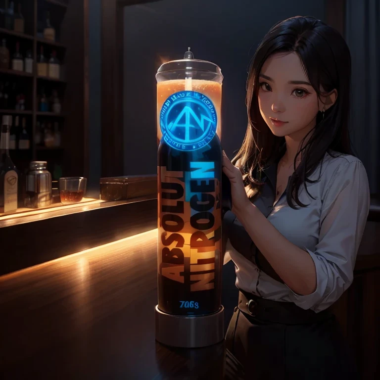 1 beverage cart, Reality,woman in bar, night, LED Light, Blue LED, night, , Drinks 5 euros, Bartender is making drinks ,Realism,High Detail,photography