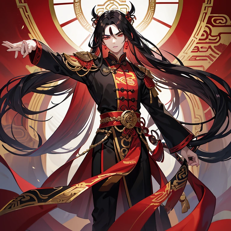 Handsome young man, slim build, pale complexion, long black hair loosely waved in an ancient Chinese hairstyle, pointed ears, red eyes, thick eyebrows, red and black clothes of an ancient Chinese imperial prince, golden jewelry with red gems.