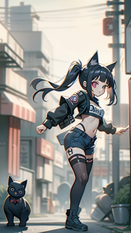 8k,wallpaper of extremely detailed CG unit, ​masterpiece,hight resolution,top-quality,top-quality real texture skin,hyper realisitic,increase the resolution,RAW photos,best qualtiy,highly detailed,the wallpaper, BREAK ,solo,1girl,cute,kawaii,small girl,evil smile,hair floating,hair messy,black hair,long hair,twin tails hair,pale skin,skin color blue,eyes are red,red eyes shining,big eyes,ripped clothes,tight tube top,breast,tight hot pants,dynamic pose,dynamic angle,stomach shown,punk fashion,(black cat ear:1.4),outside,noisy city,backstreet,narrow street,street lights,[chibi],