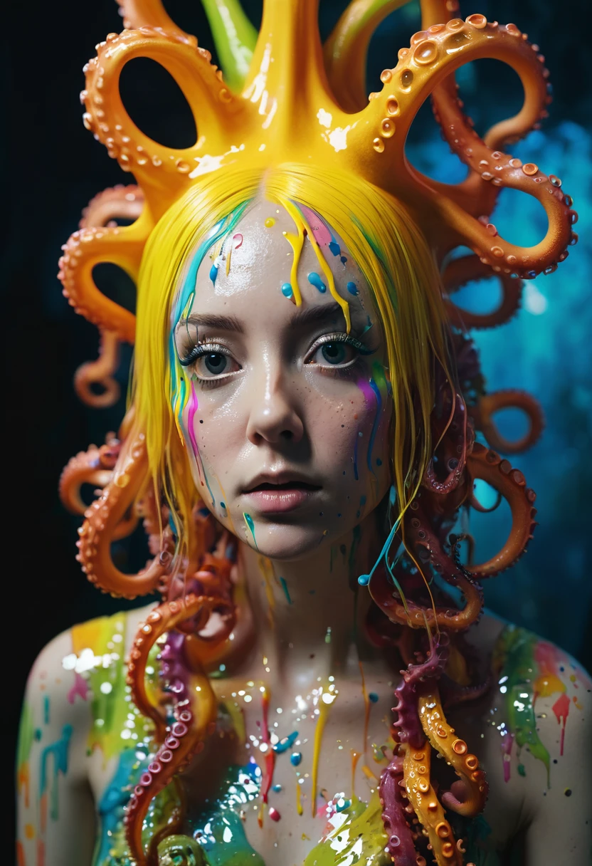 8K, ARTISTIC photogrAphy, best quAlity, mAsterpiece: 1.2), A (potrAit:1.2) witch BLOOD Toon Doll Cthulhu QUEEN, RAINBOW many octopus style tentacles, full body RAW candid cinema, yellow hair, 16mm, color graded portra 400 film, remarkable color, ultra realistic, sad admosphere, dark lighting, oppressive atmosphere, depressive colors, kodak portra 400, photograph,r, Natural Light, Pinhead lighgts, blur reflection, Brush Strokes, Smooth, abstract, Splatter, Oil On Canvas, rainbow colors, fractal isometrics details bioluminescens : a stunning realistic photograph of wet bone structure, 3d render, octane render, intricately detailed, titanium decorative headdress, cinematic, trending on artstation | Isometric | Centered